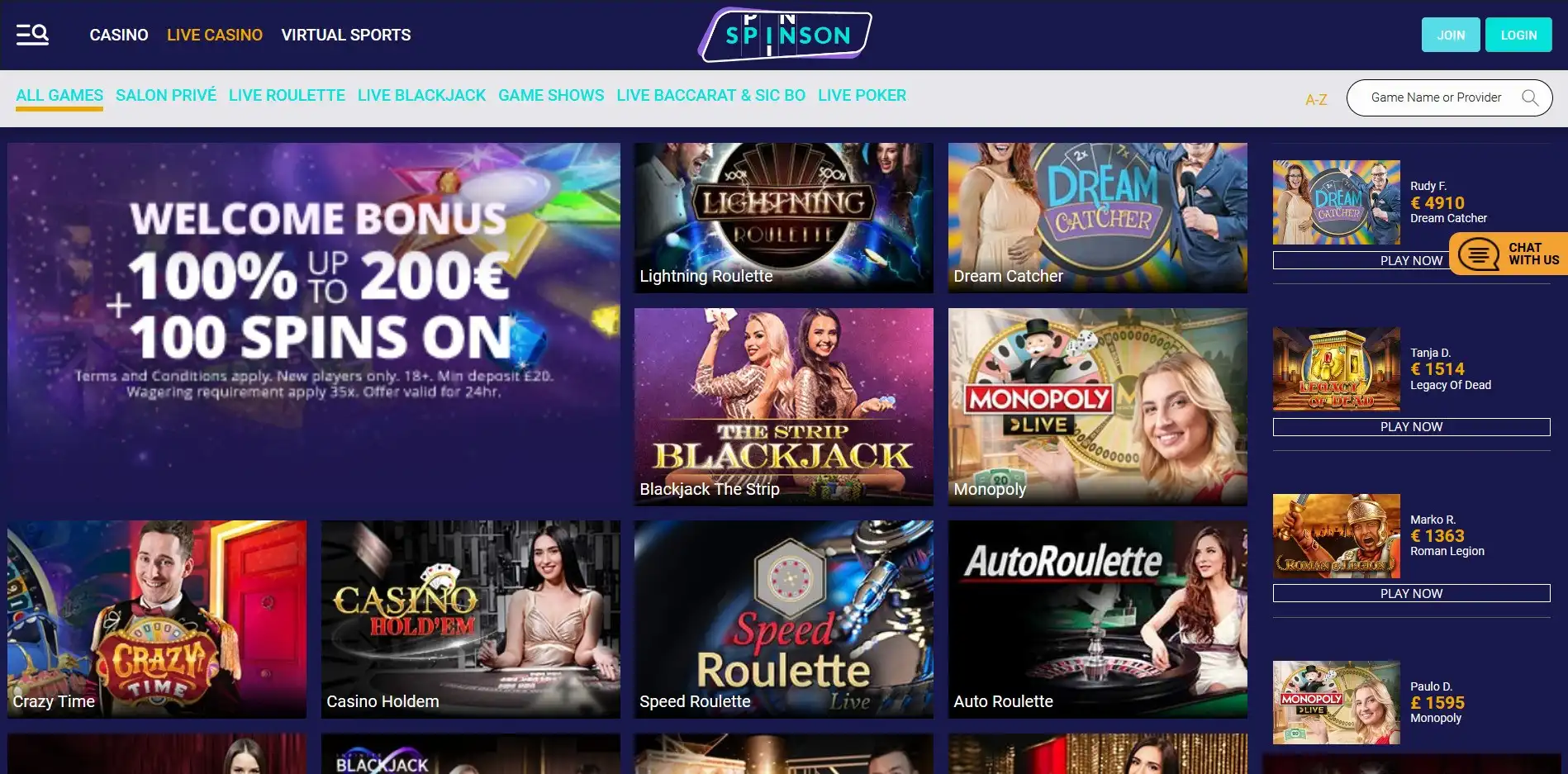 Spinson Casino Live Dealer Games