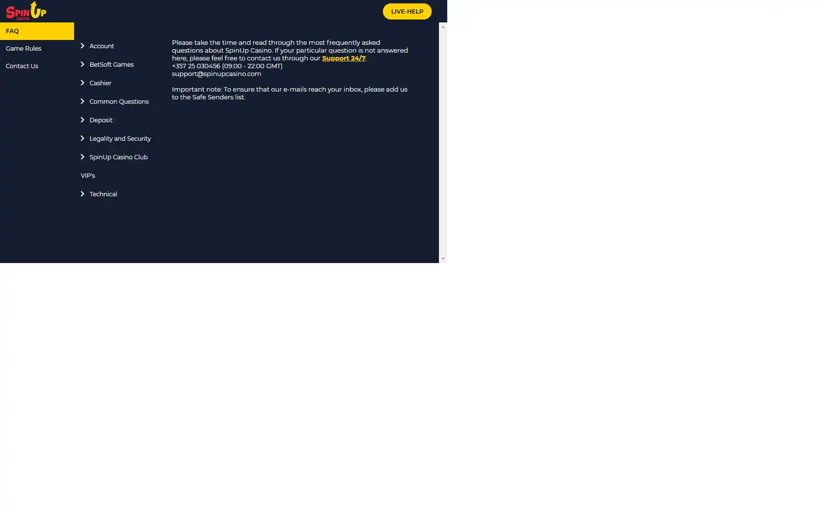 Spin-up Casino Support