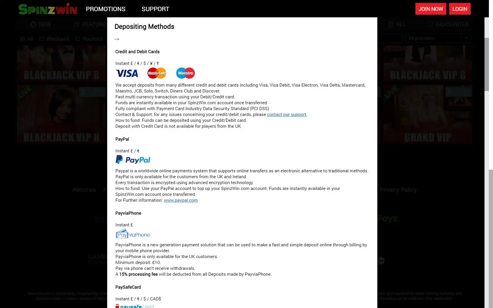 Spinzwin Casino Payment Methods