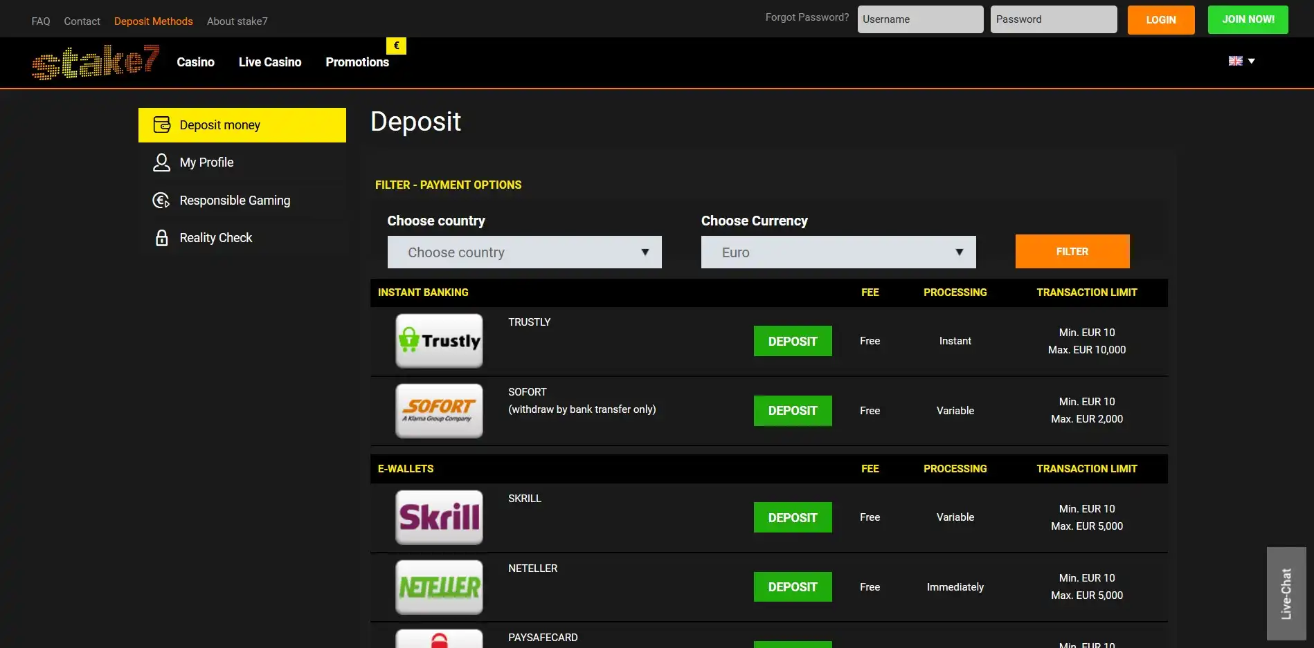 Stake 7 Casino Payment Methods