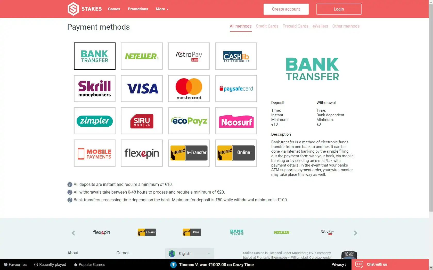 Stakes Casino Payment Methods
