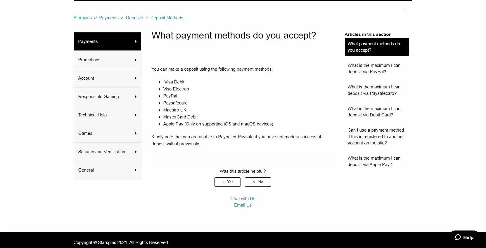 Starspins Casino Payment Methods