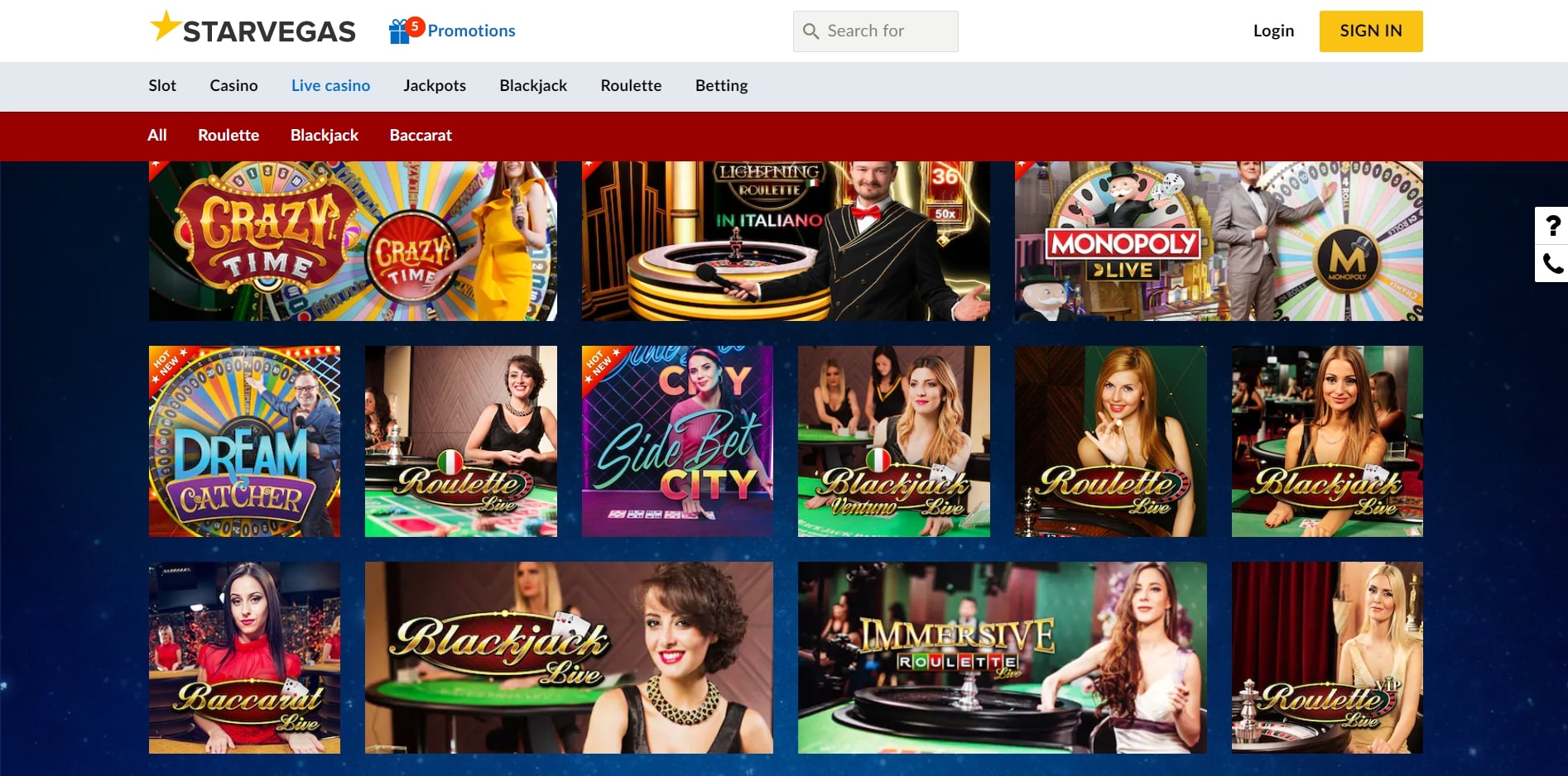 StarVegas Casino Live Dealer Games