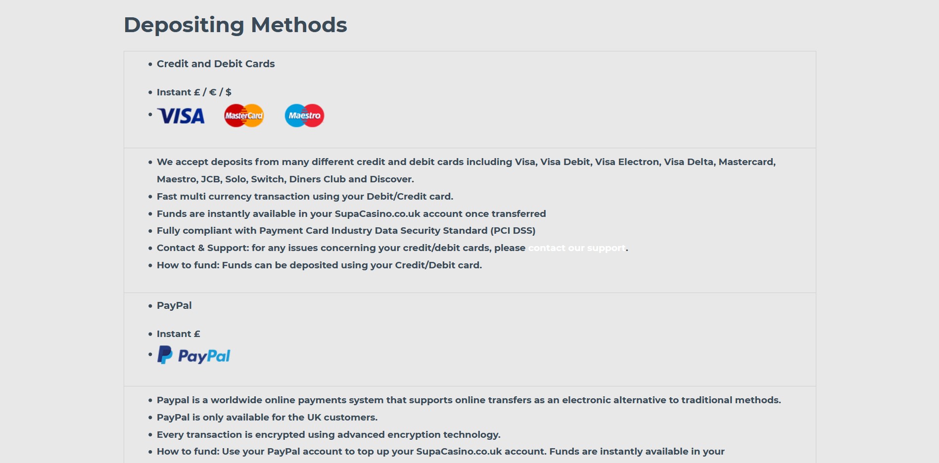 SupaCasino Payment Methods