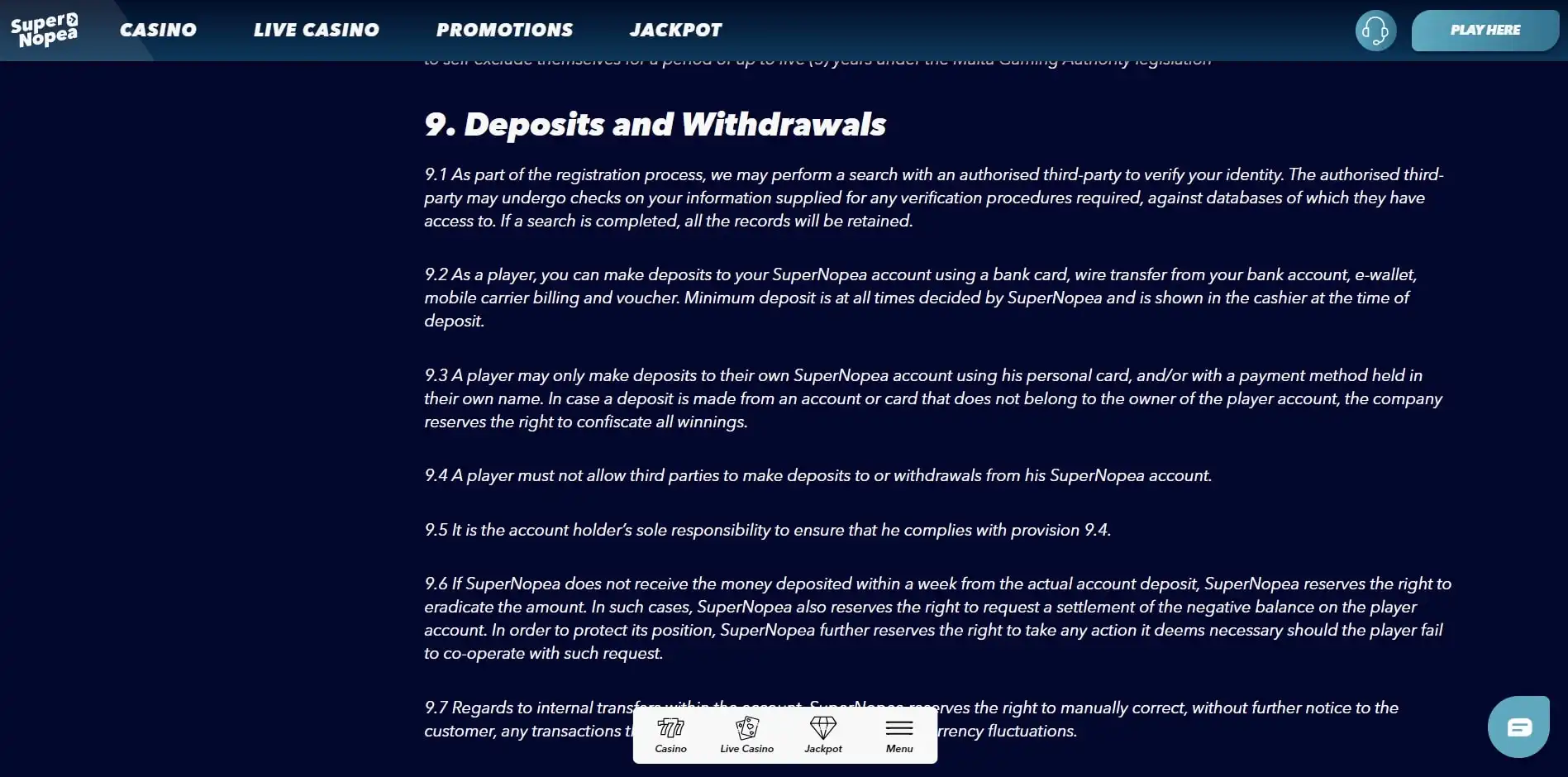 SuperNopea Casino Payment Methods