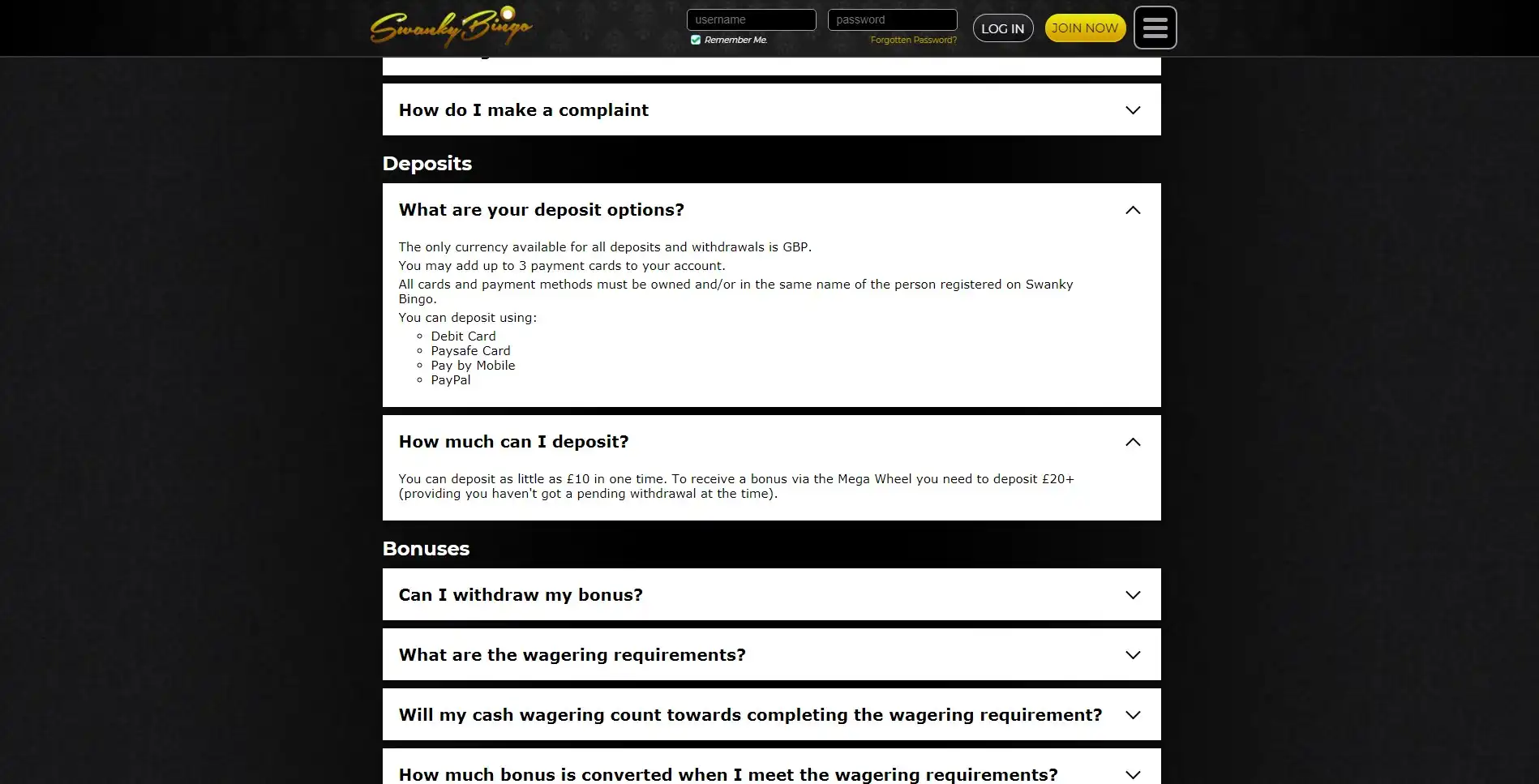 Swanky Bingo Casino Payment Methods