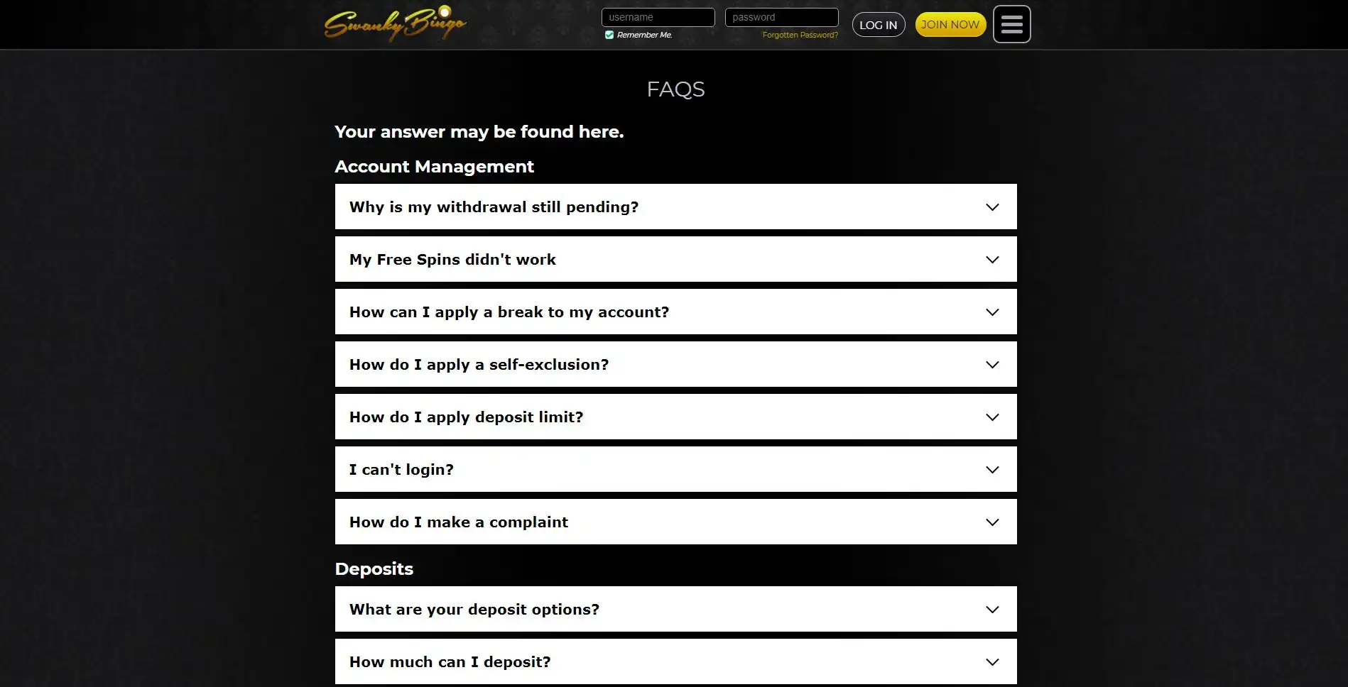 Swanky Bingo Casino Support