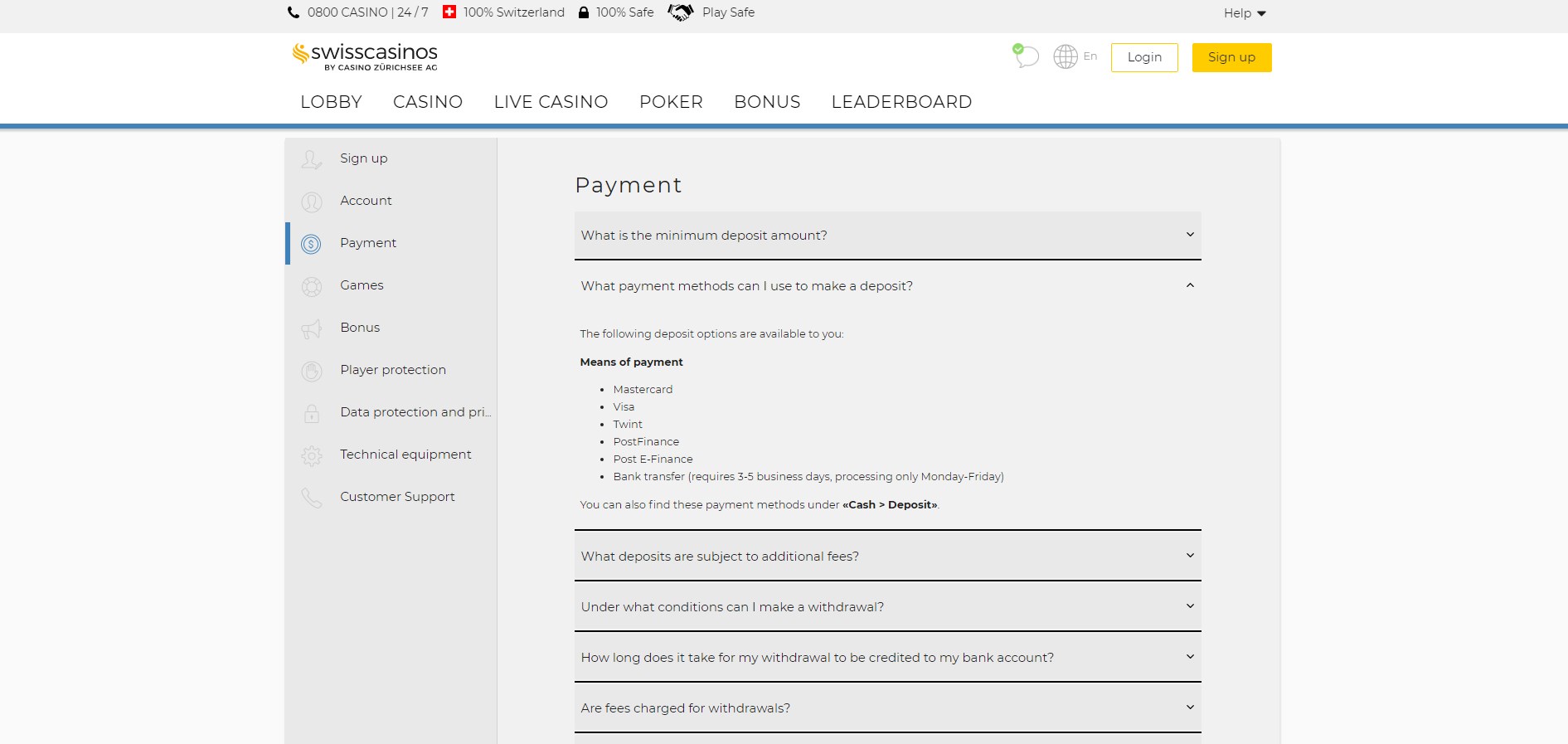 Swiss Casino CH Payment Methods
