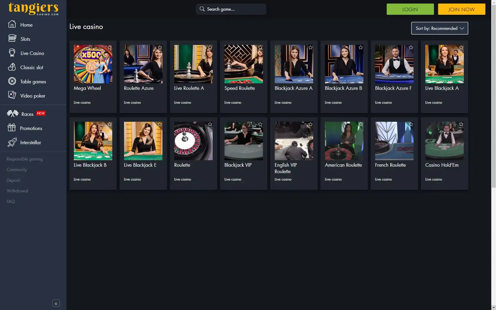 Tangiers Casino Live Dealer Games