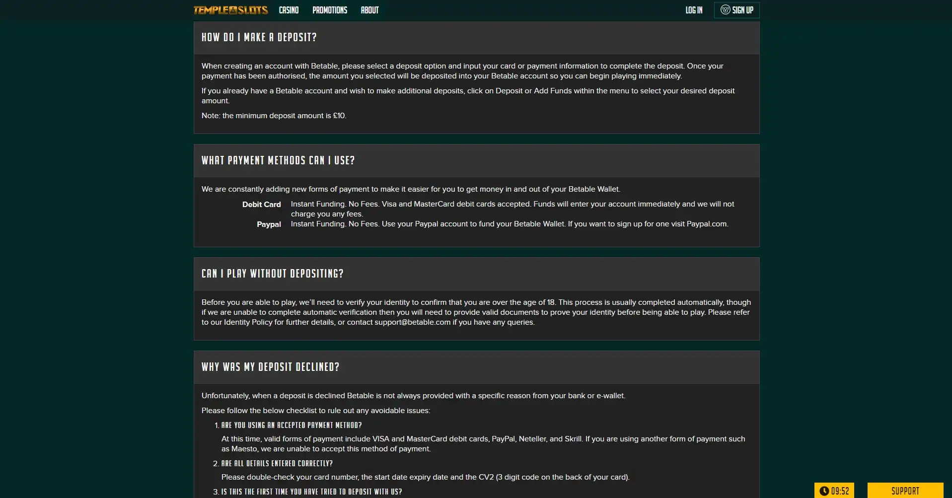 Temple Slots Casino Payment Methods