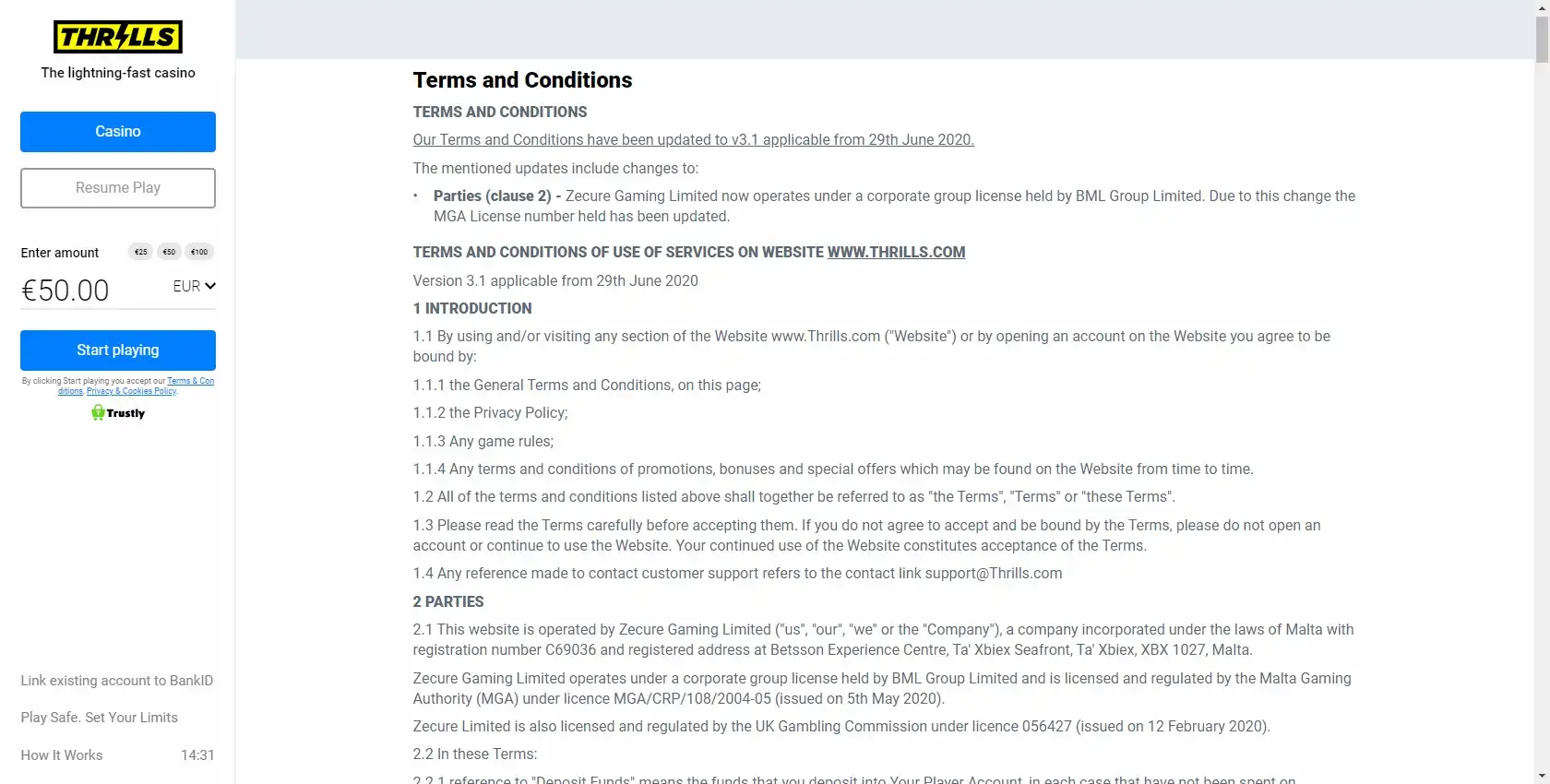Thrills Casino Support