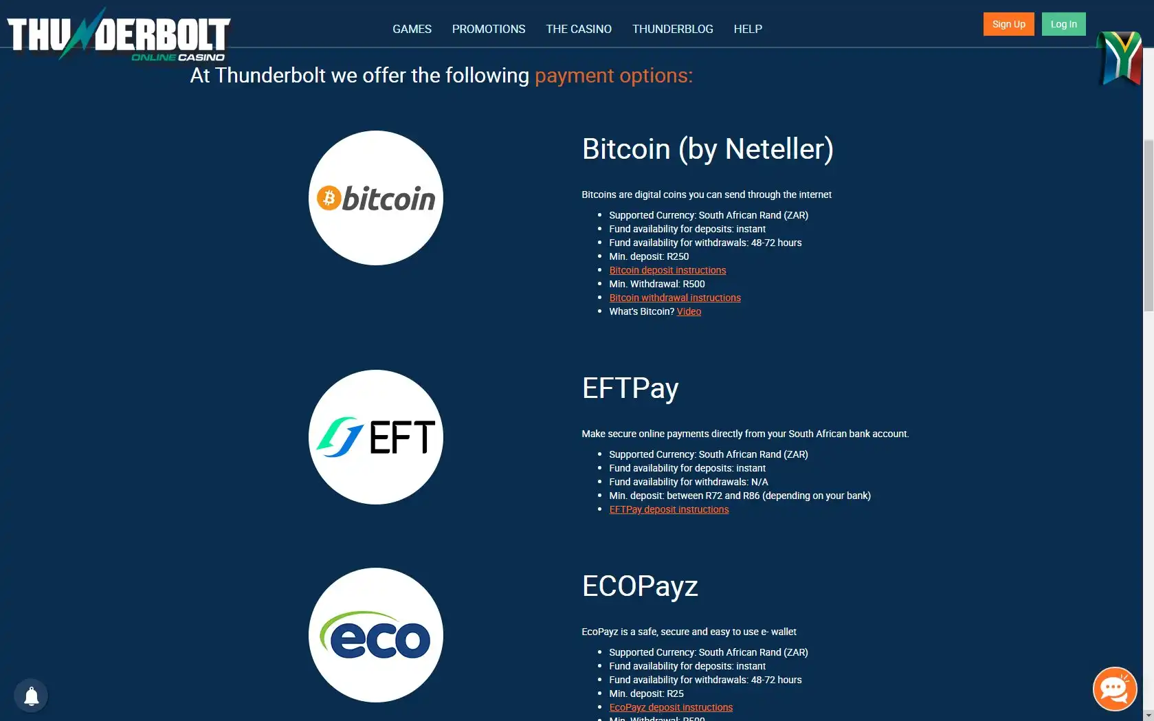 Thunderbolt Casino Payment Methods