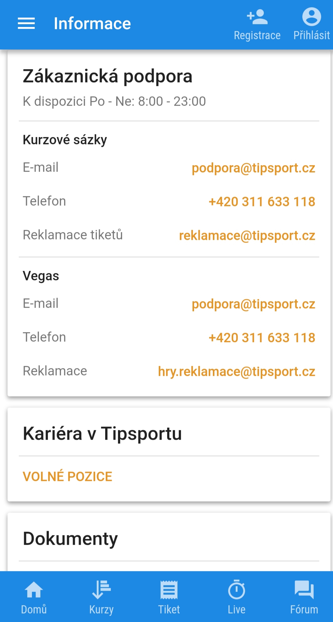Tipsport Vegas Mobile Support Review