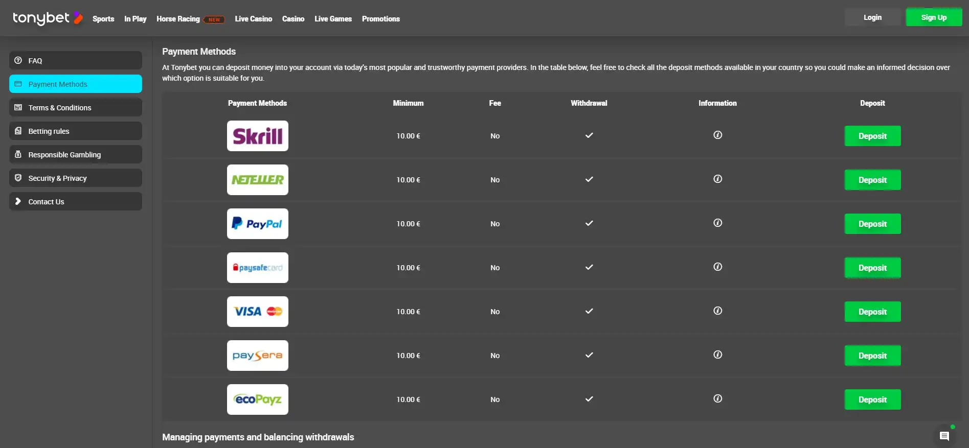 TonyBet Casino Payment Methods