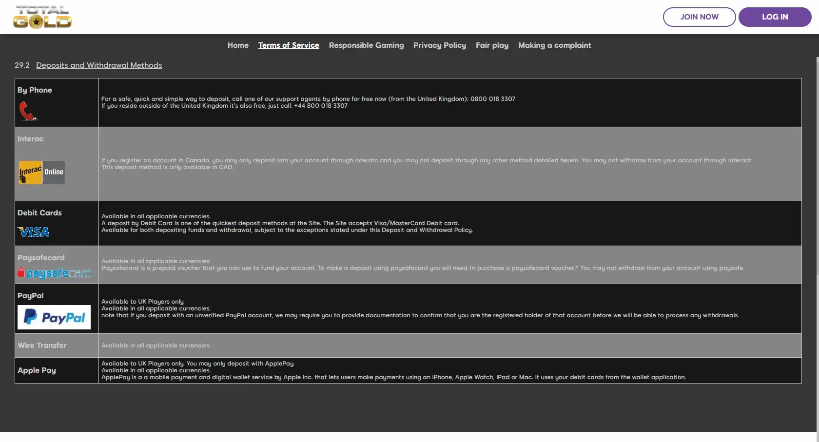 Total Gold Casino Payment Methods
