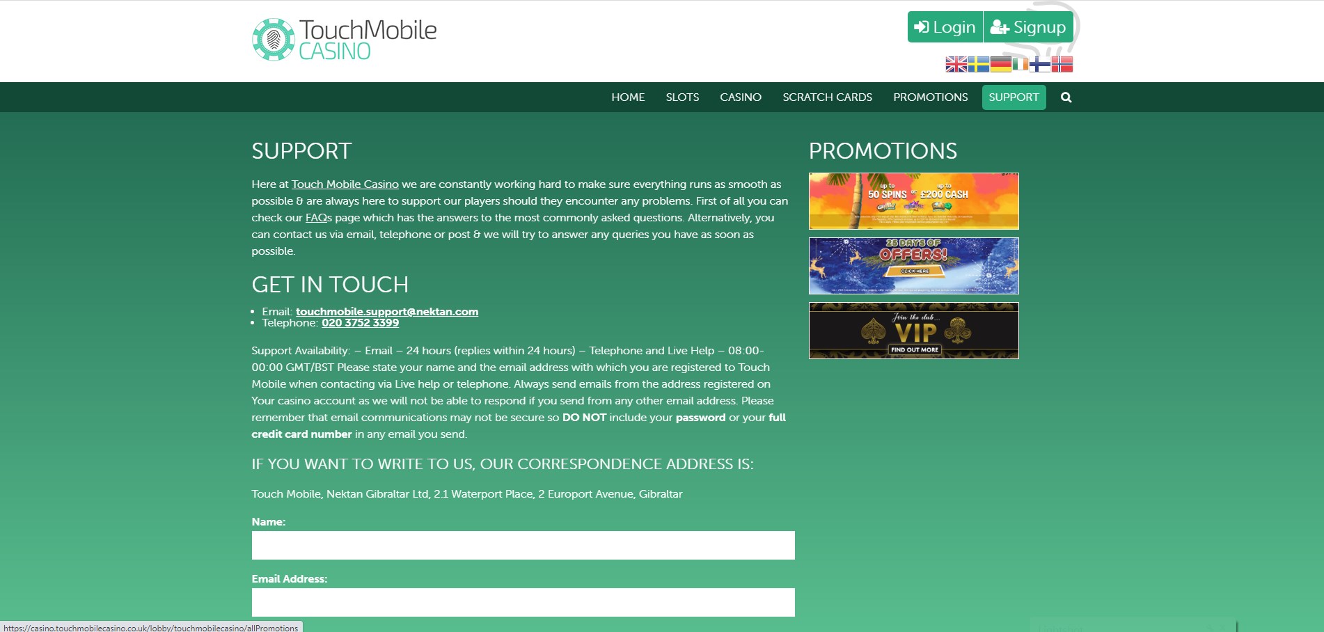 Touch Mobile Casino Support