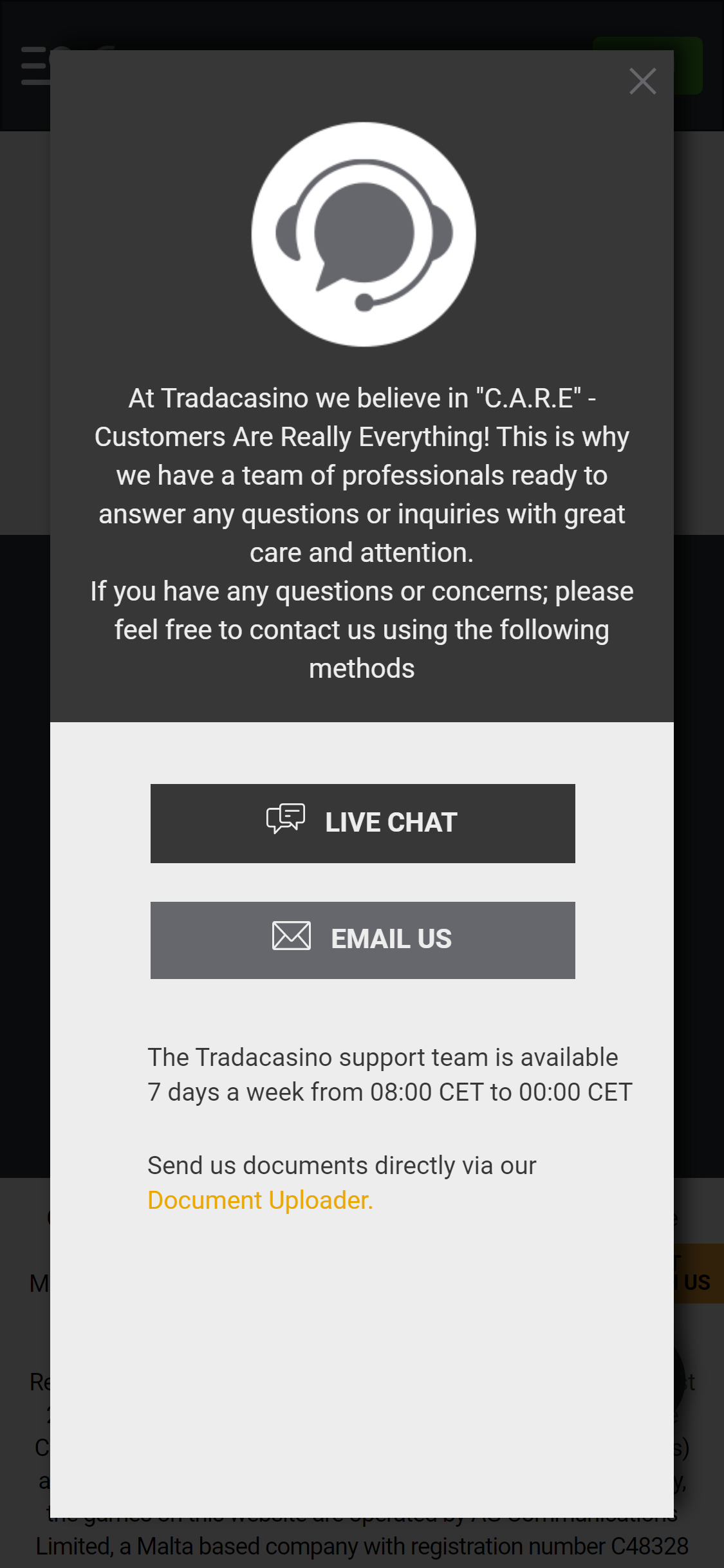 TradaCasino Mobile Support Review