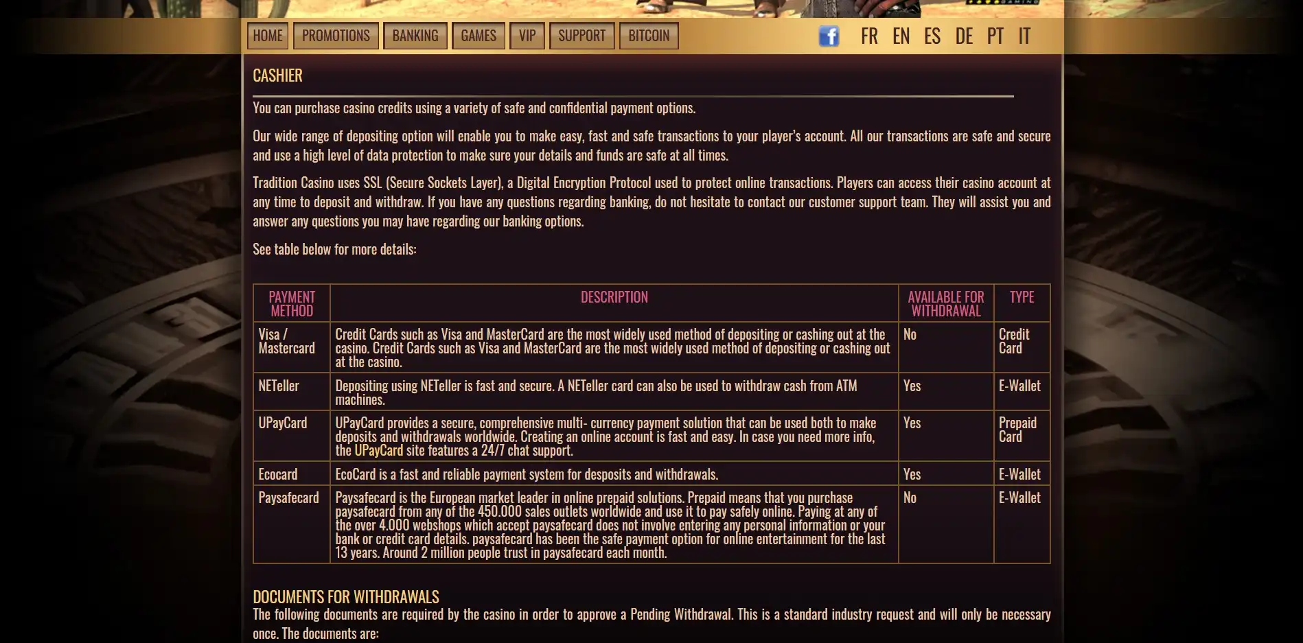Tradition Casino Payment Methods