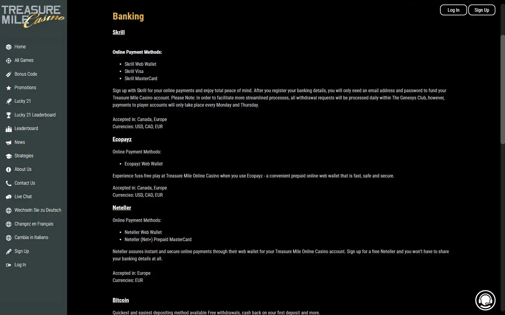 Treasure Mile Casino Payment Methods