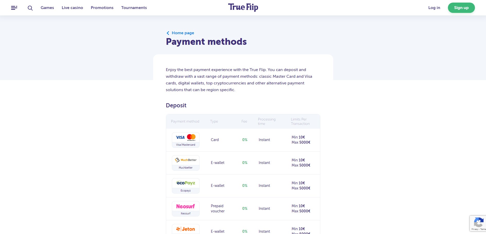 True Flip Casino Payment Methods