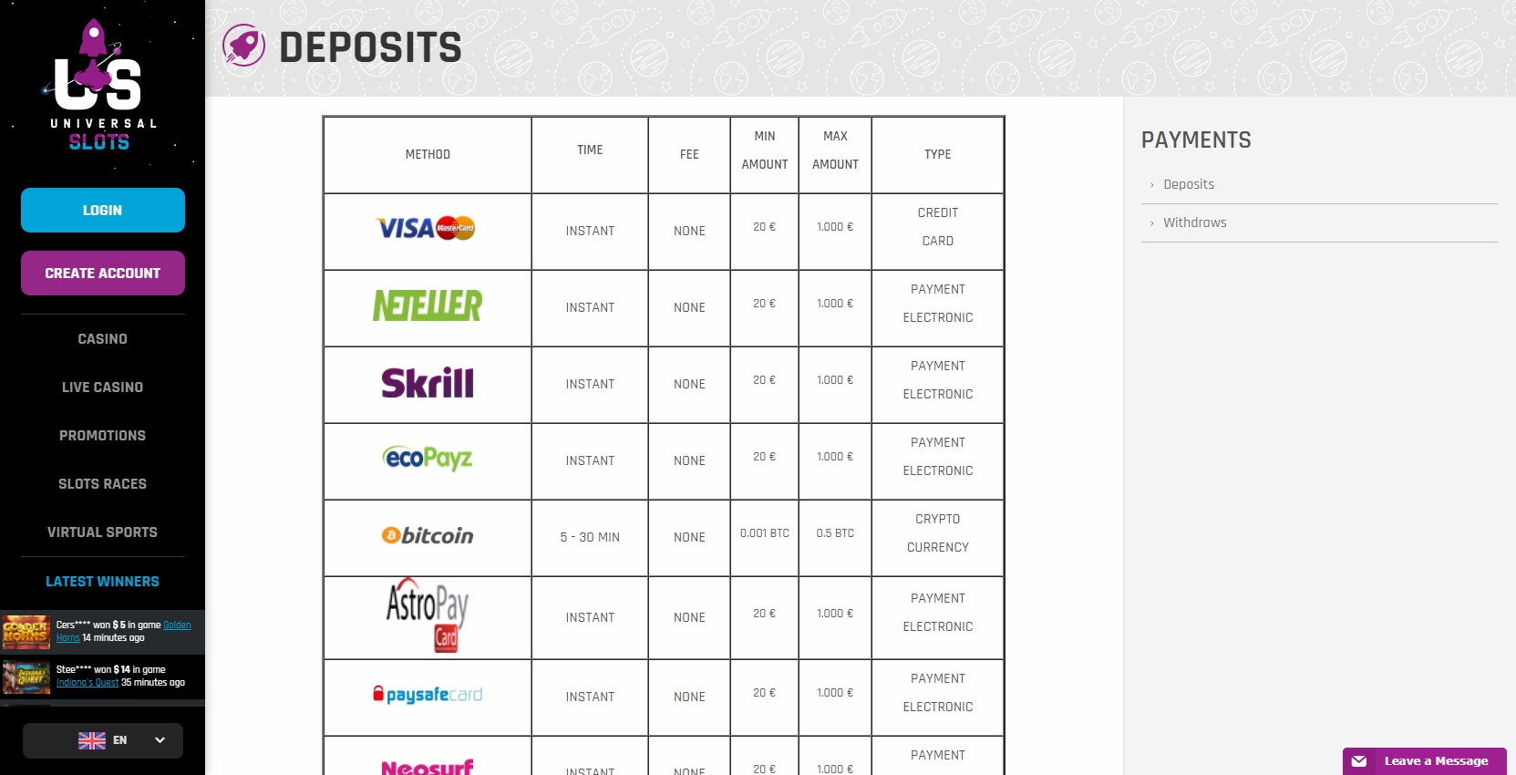 Universal Slots Payment Methods