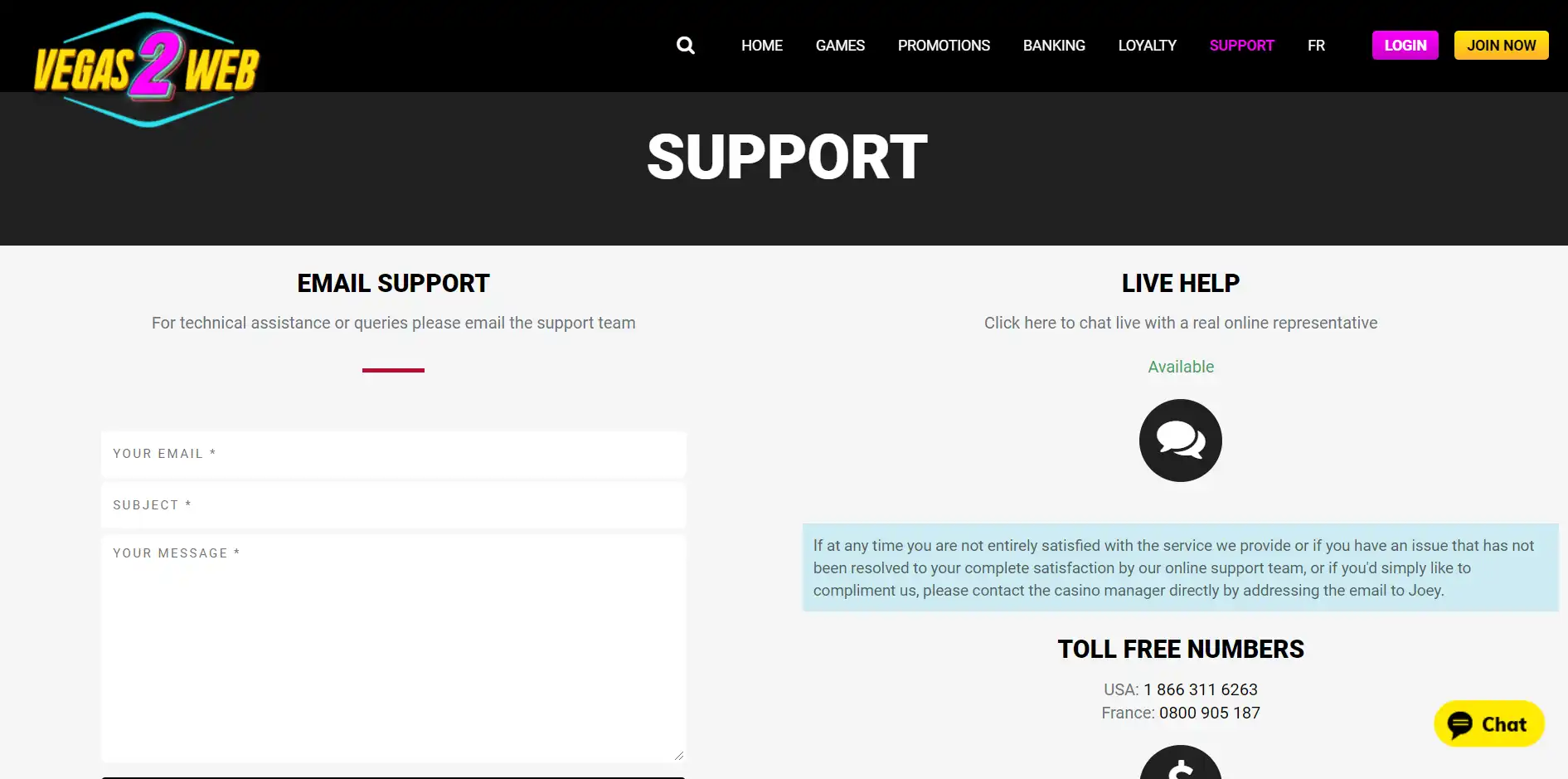 Vegas2Web Casino Support