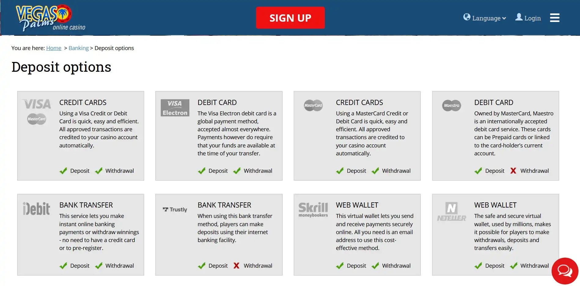 Vegas Palms Casino Payment Methods