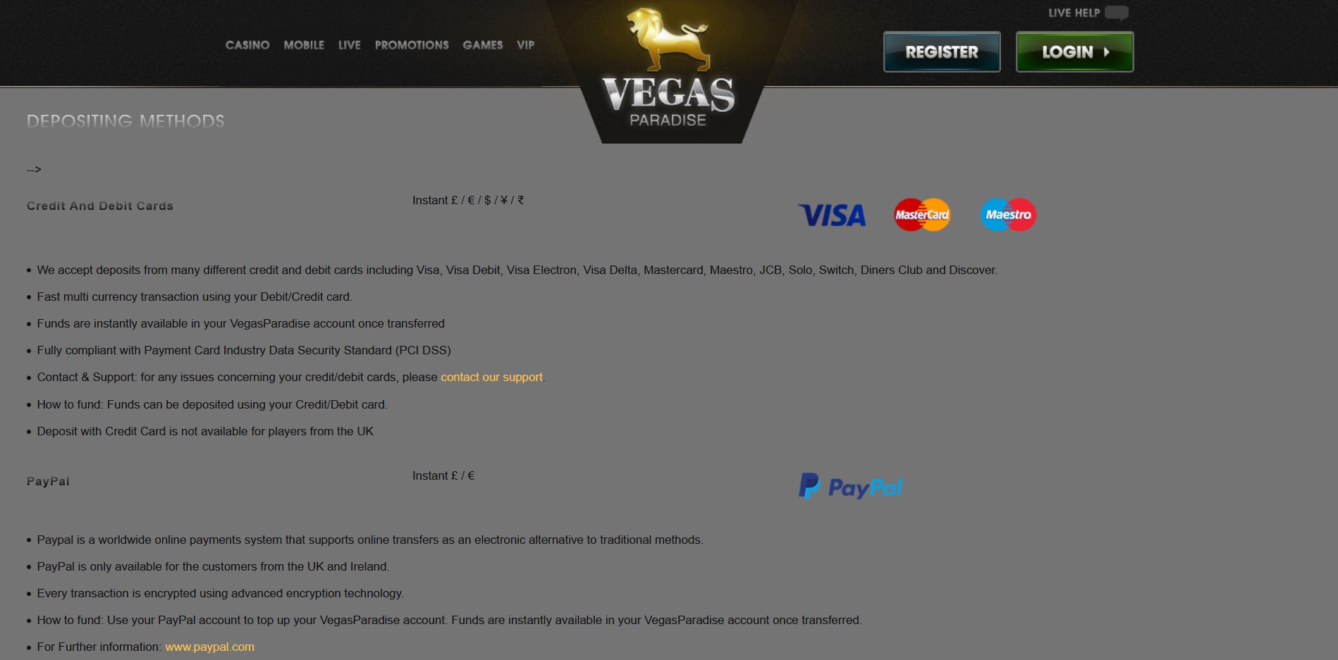 VegasParadise Casino Payment Methods