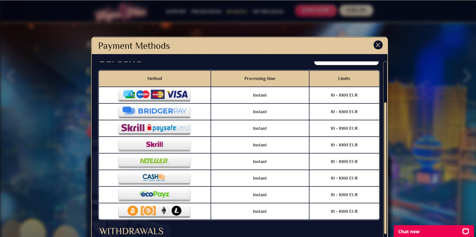 VegasPlus Casino Payment Methods