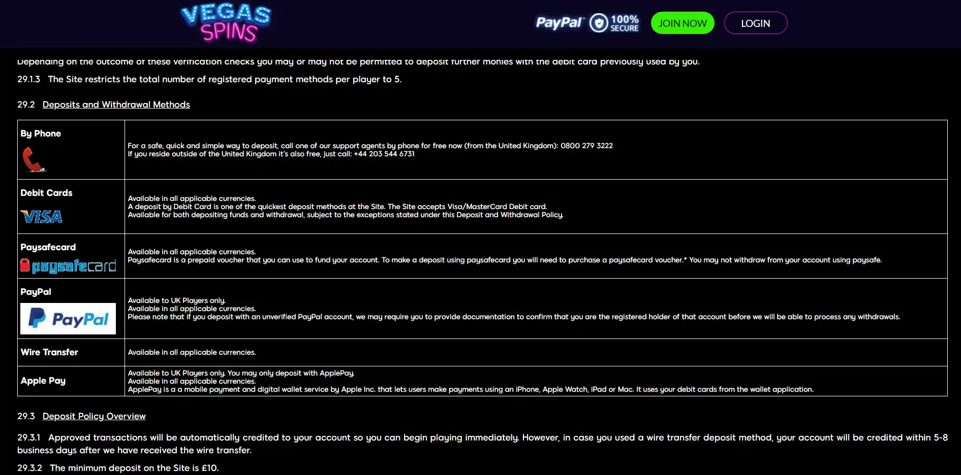 Vegas Spins Casino Payment Methods