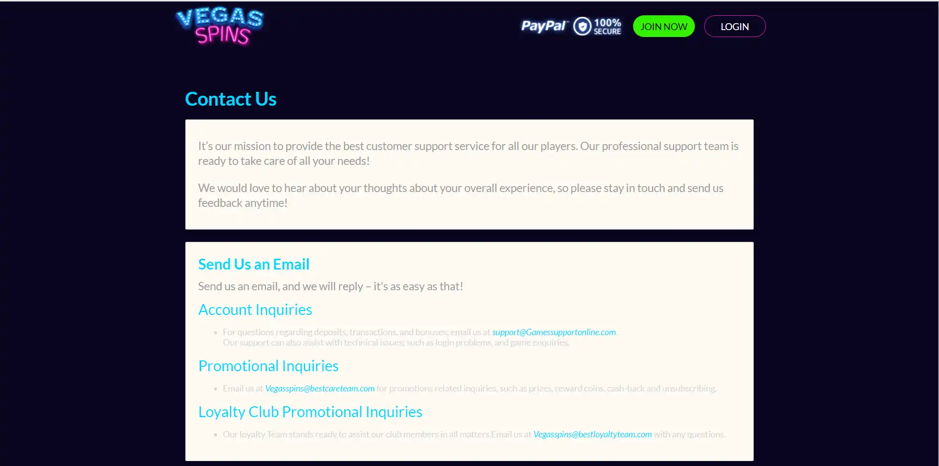 Vegas Spins Casino Support