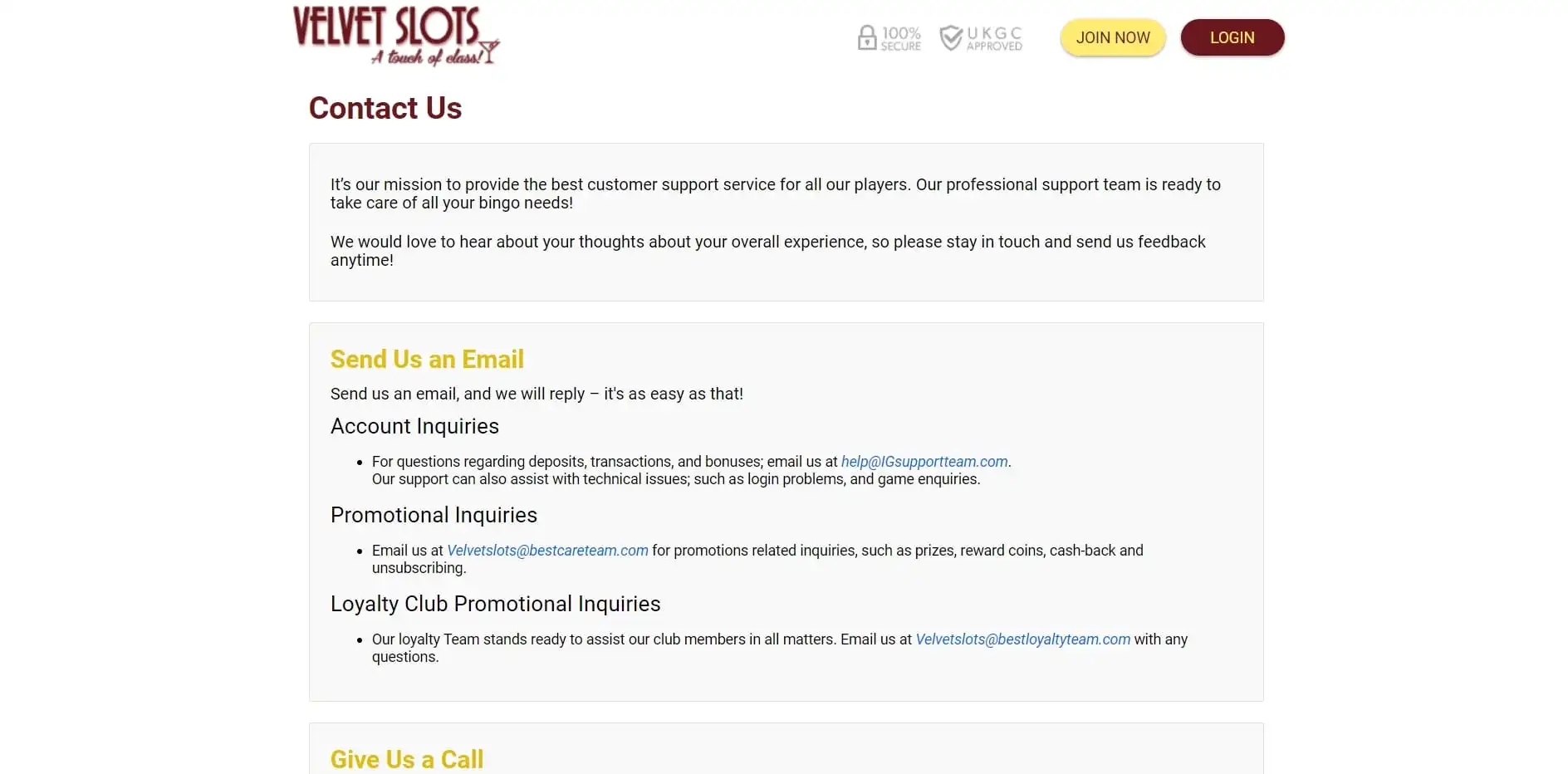 Velvet Slots Casino Support