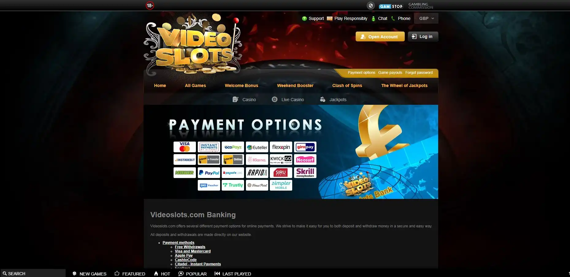Videoslots Casino Payment Methods