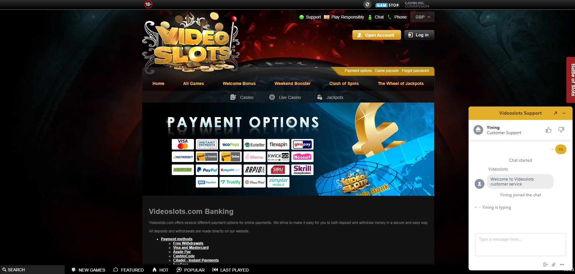 Videoslots Casino Support