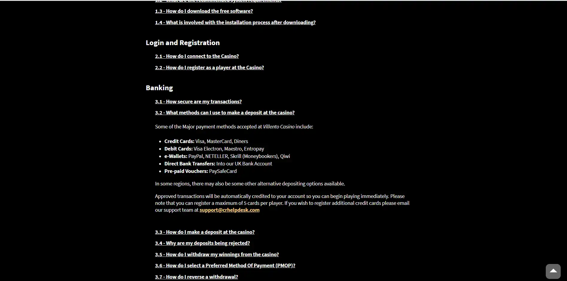 Villento Casino Payment Methods