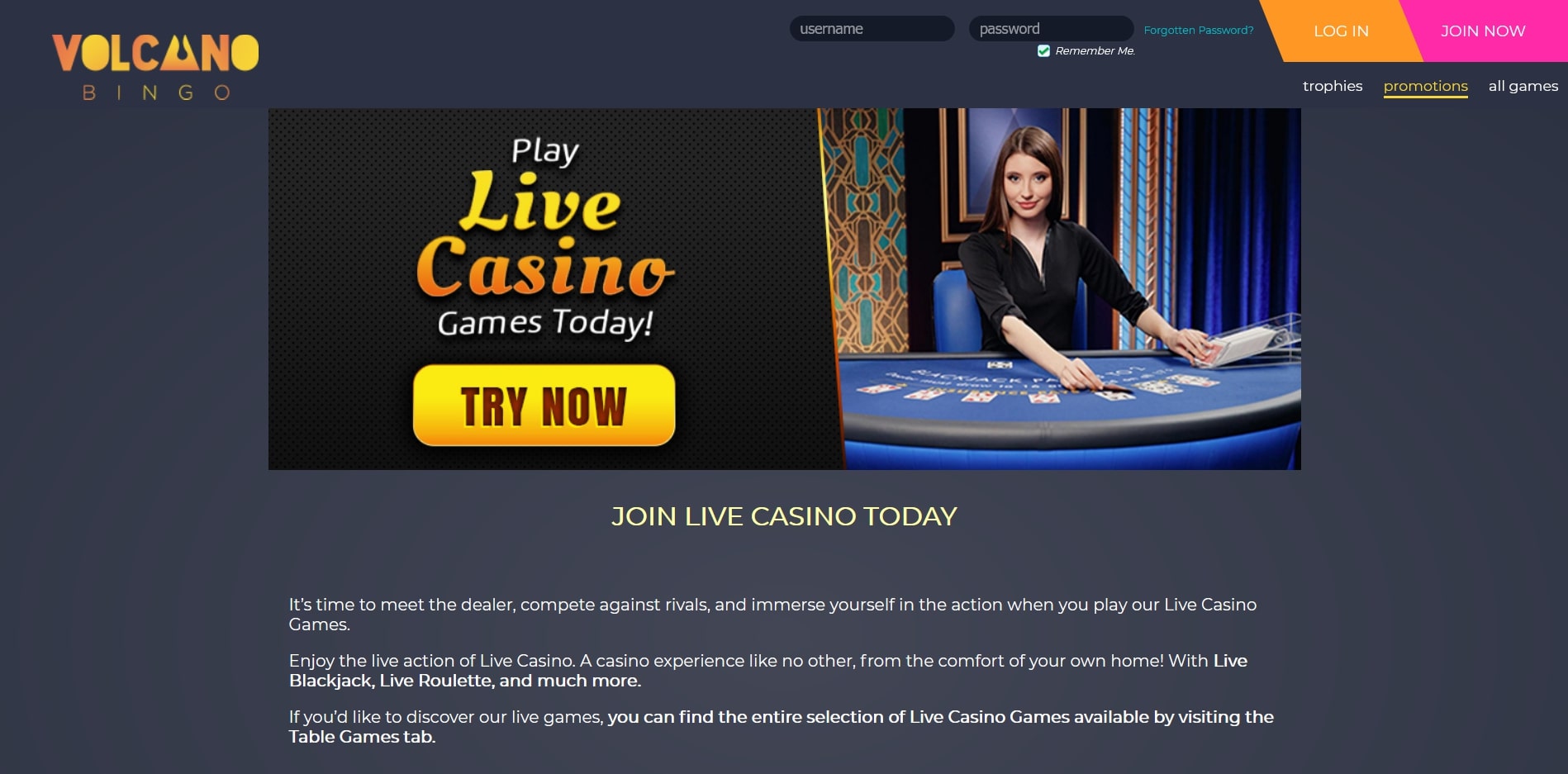 Volcano Bingo Casino Live Dealer Games