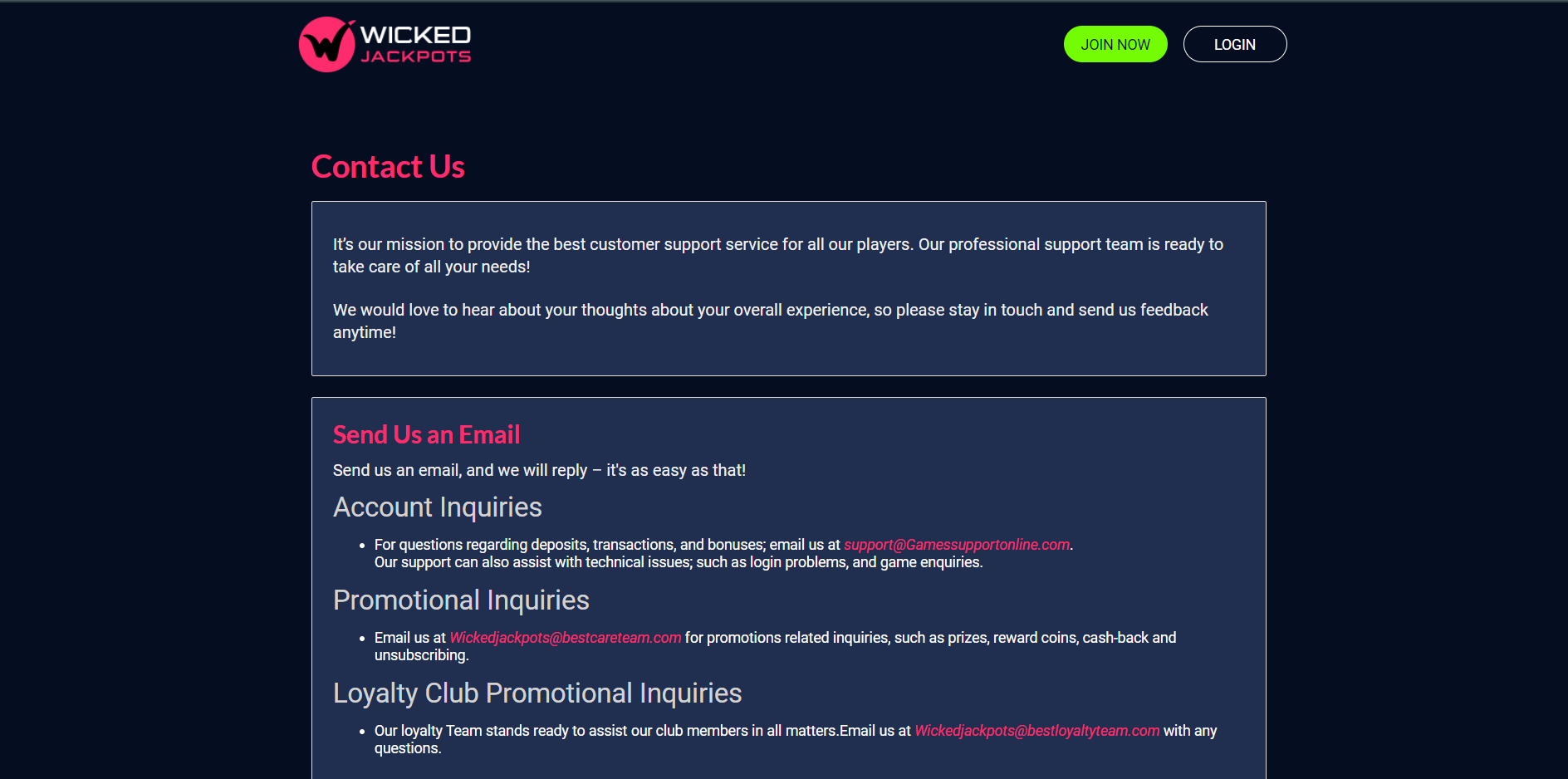 Wicked Jackpots Casino Support