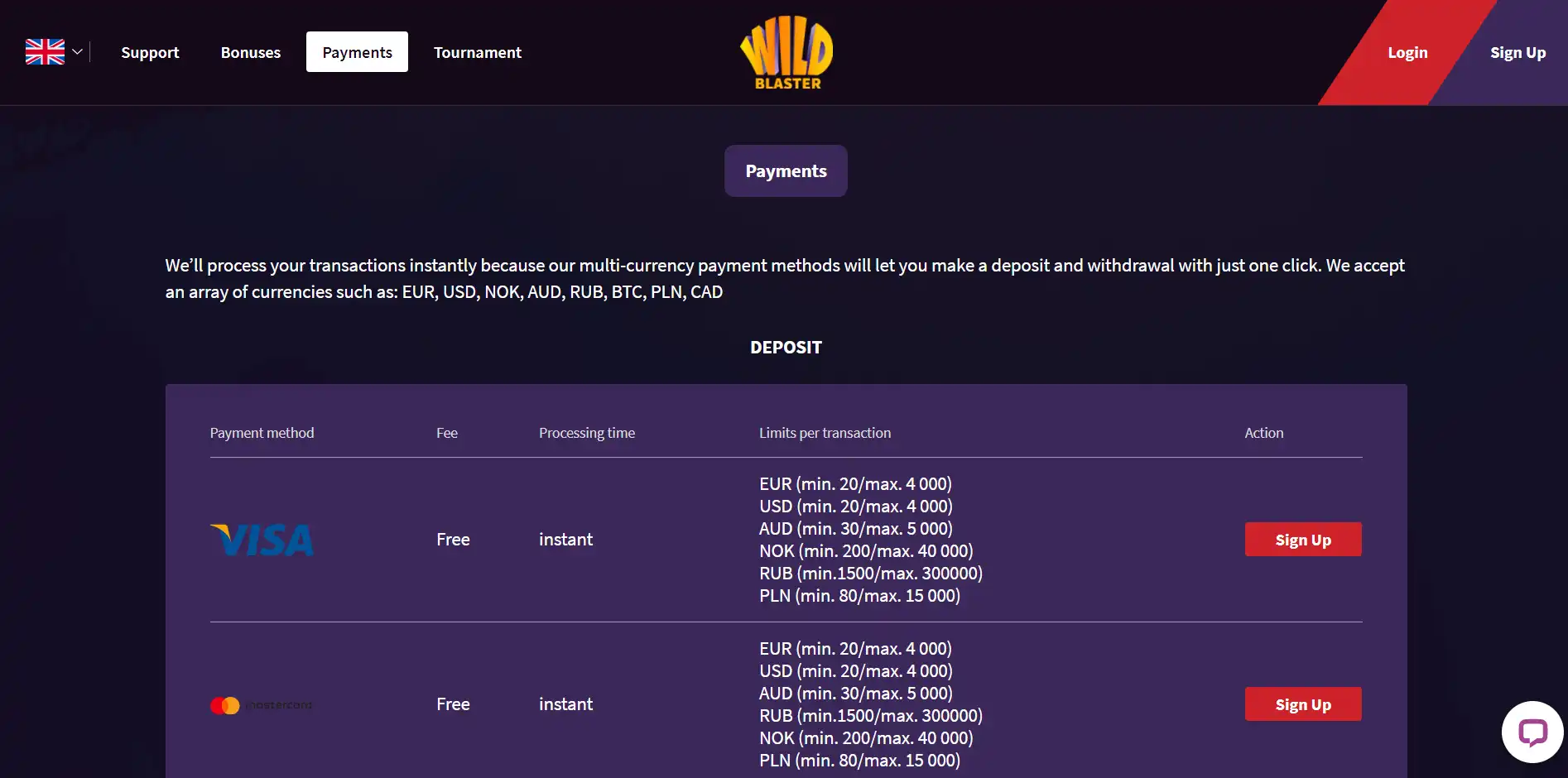 Wild Blaster Casino Payment Methods