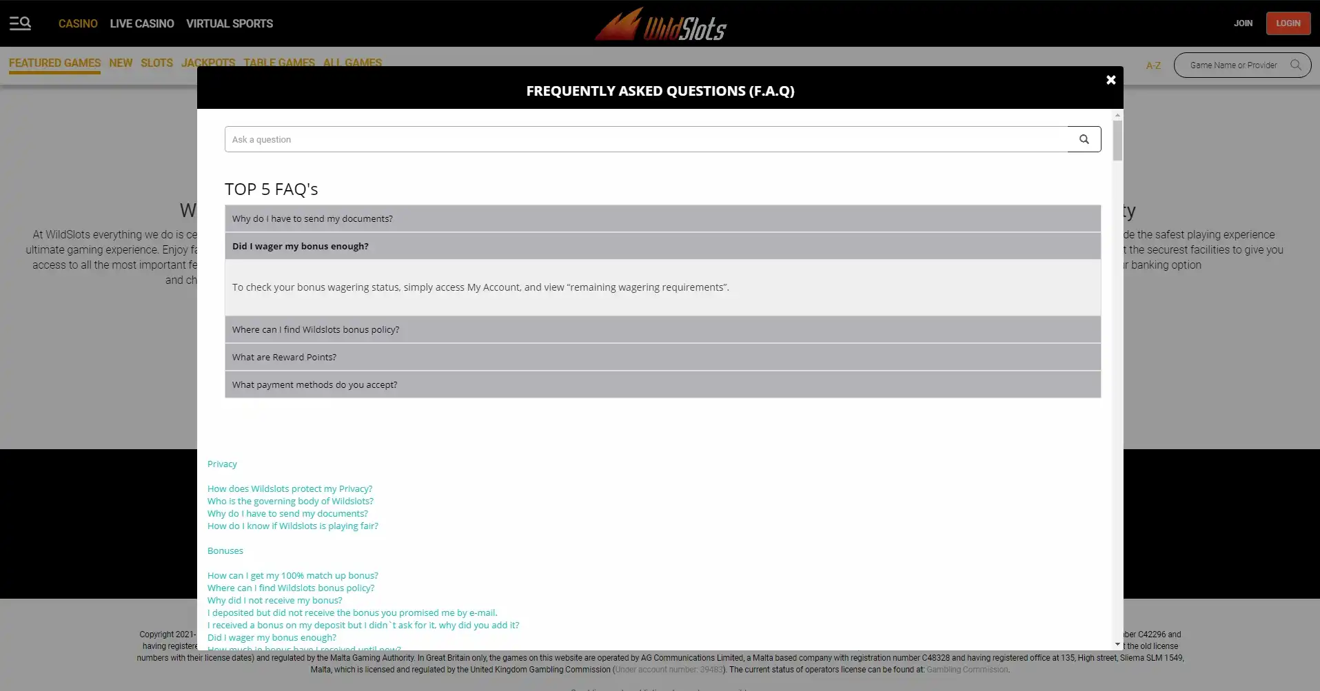 WildSlots Casino Support