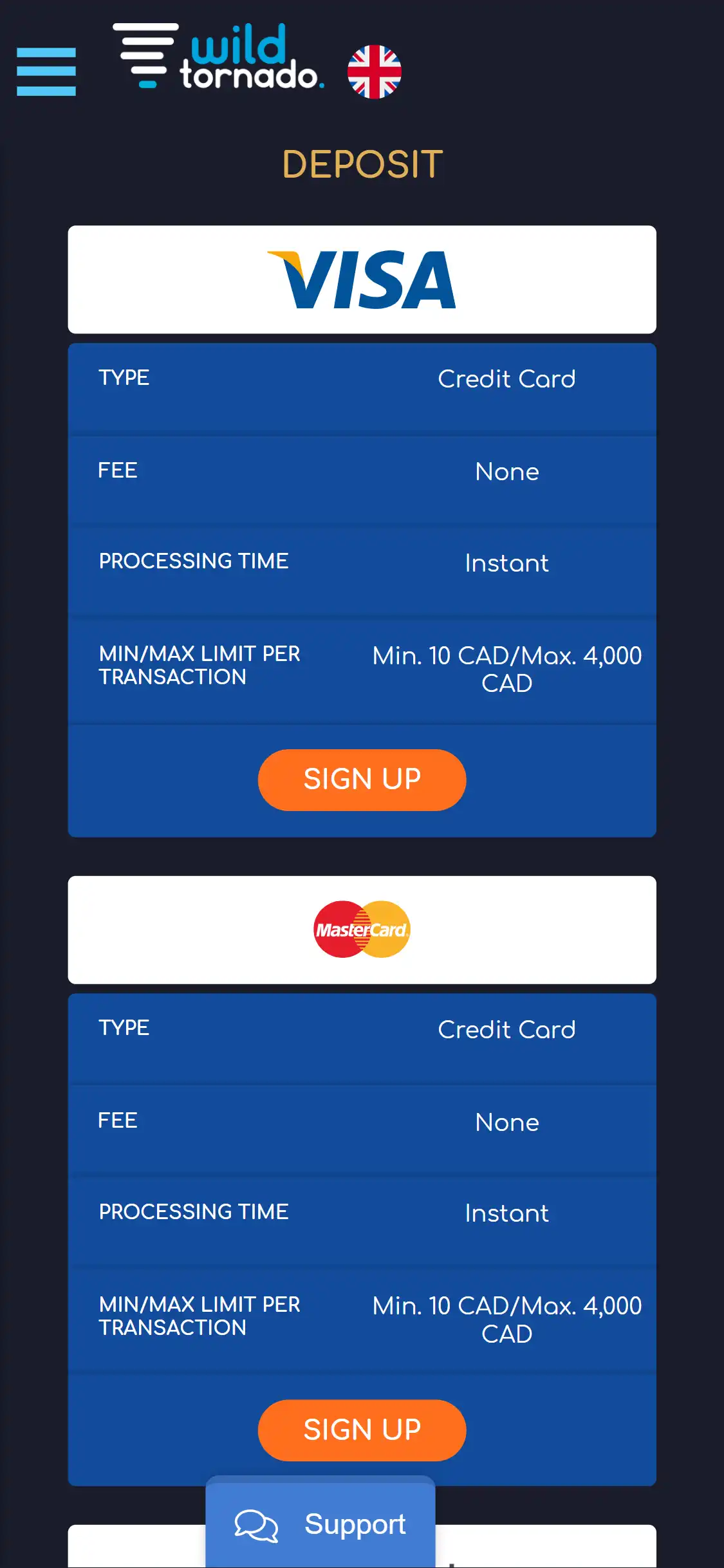 WildTornado Casino Mobile Payment Methods Review
