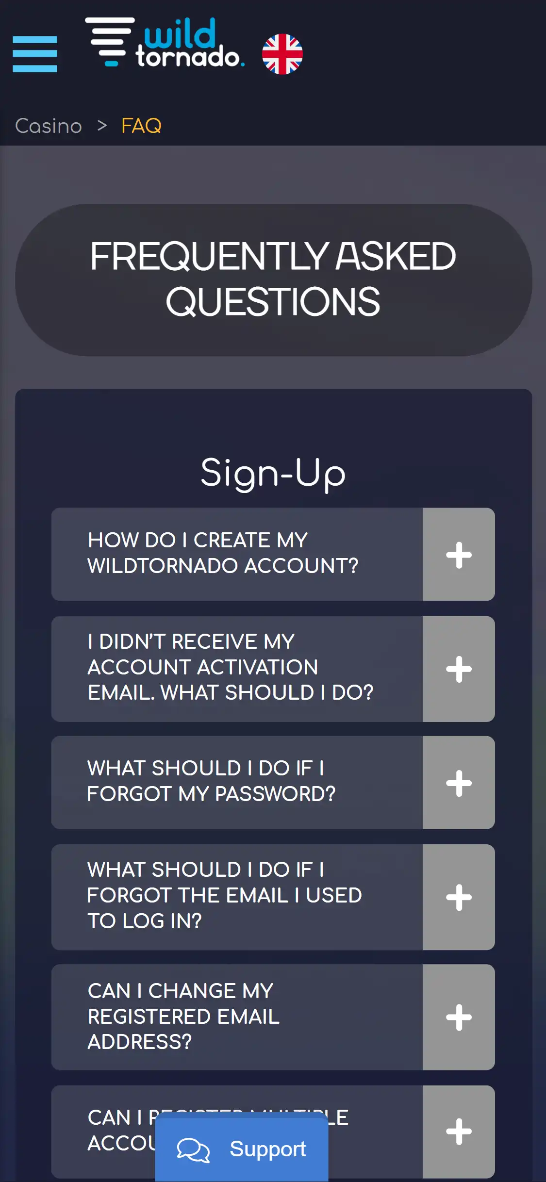 WildTornado Casino Mobile Support Review