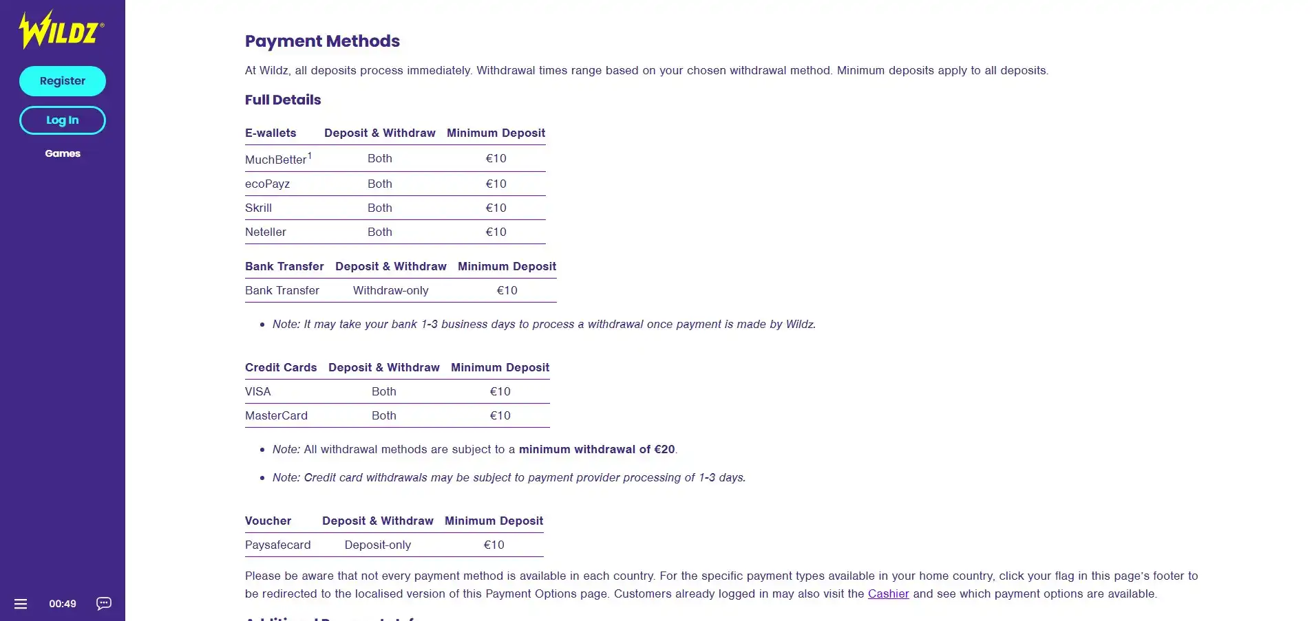 Wildz Casino Payment Methods