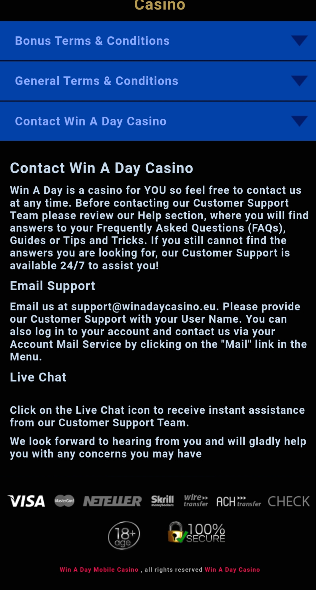 Win A Day Casino Mobile Support Review