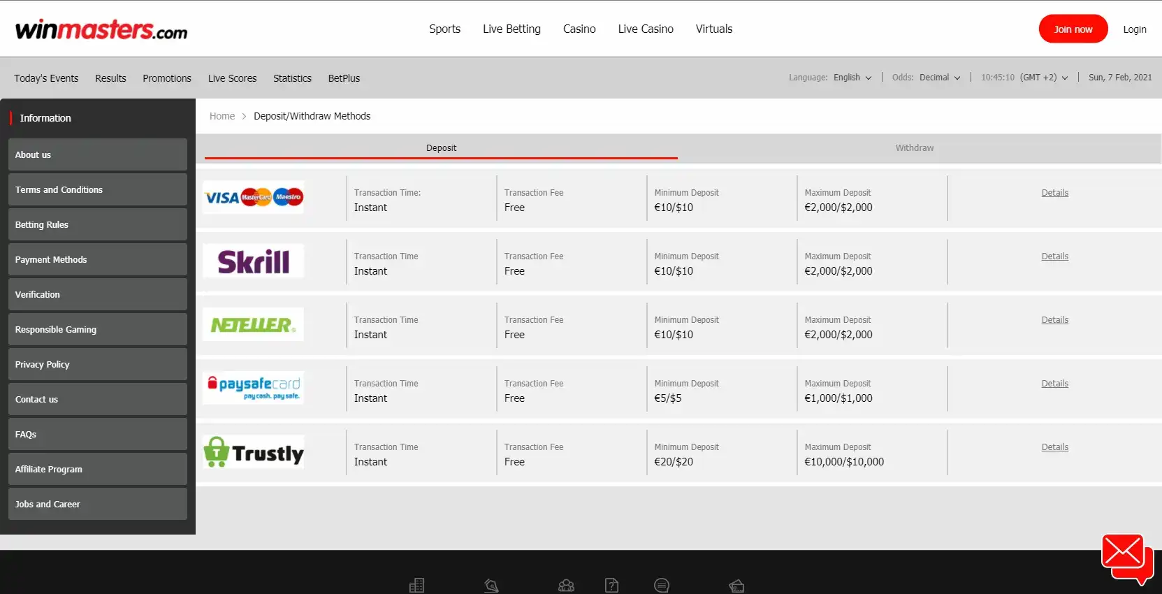 Win Masters Casino Payment Methods