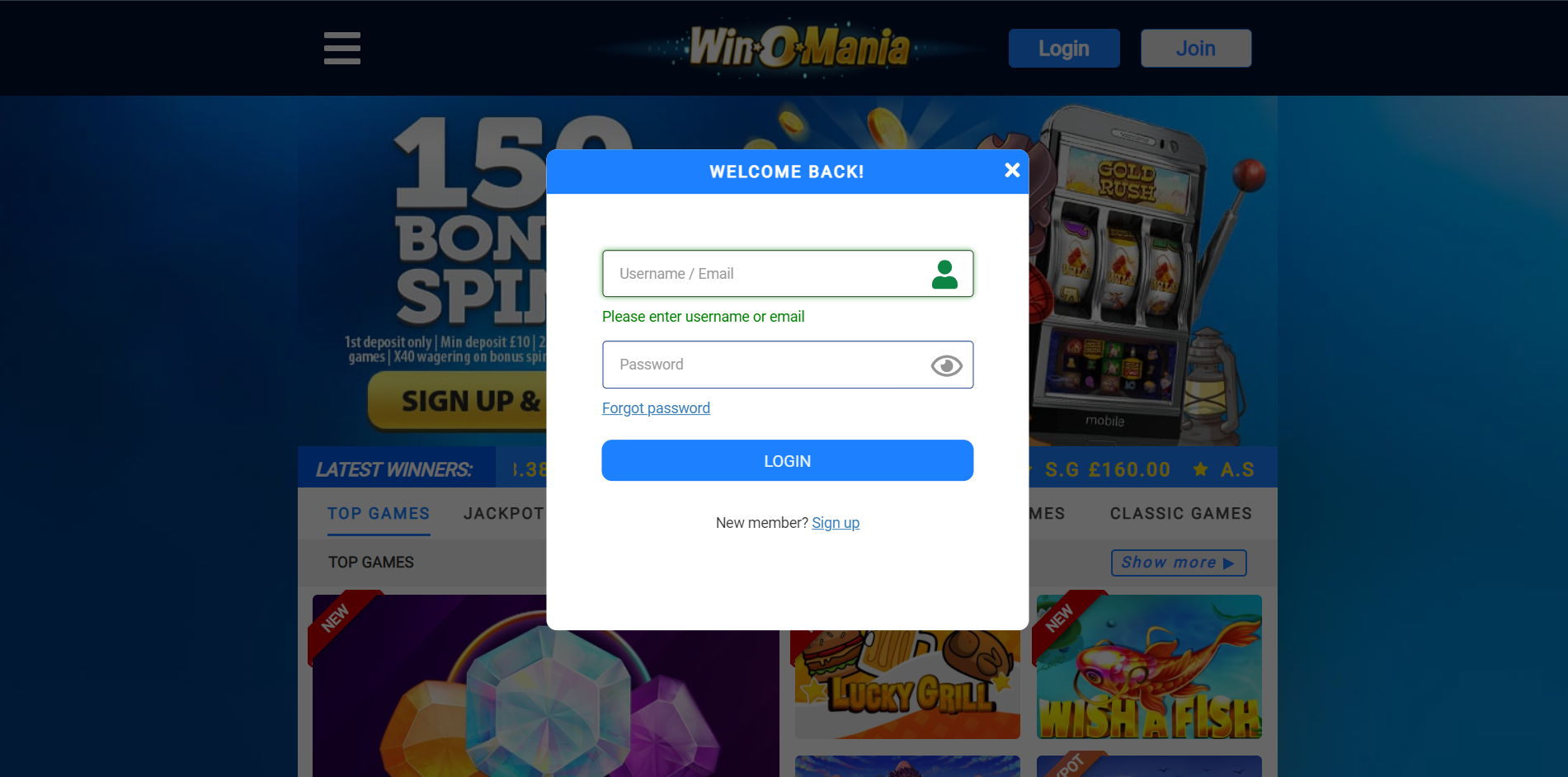 WinOMania Casino Login