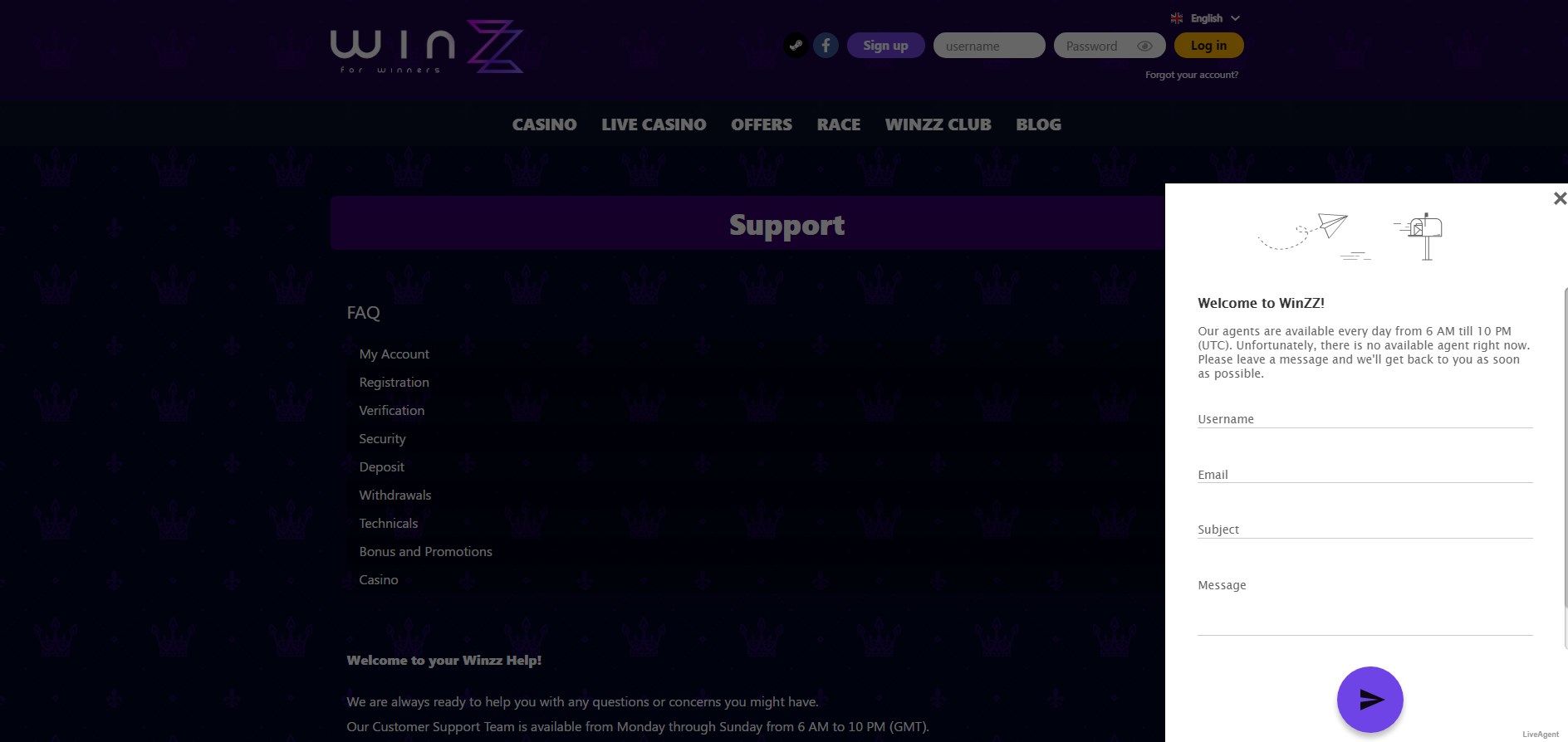 Winzz Casino Support