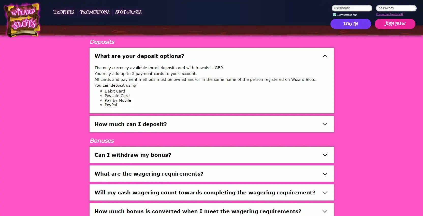 Wizard Slots Casino Payment Methods