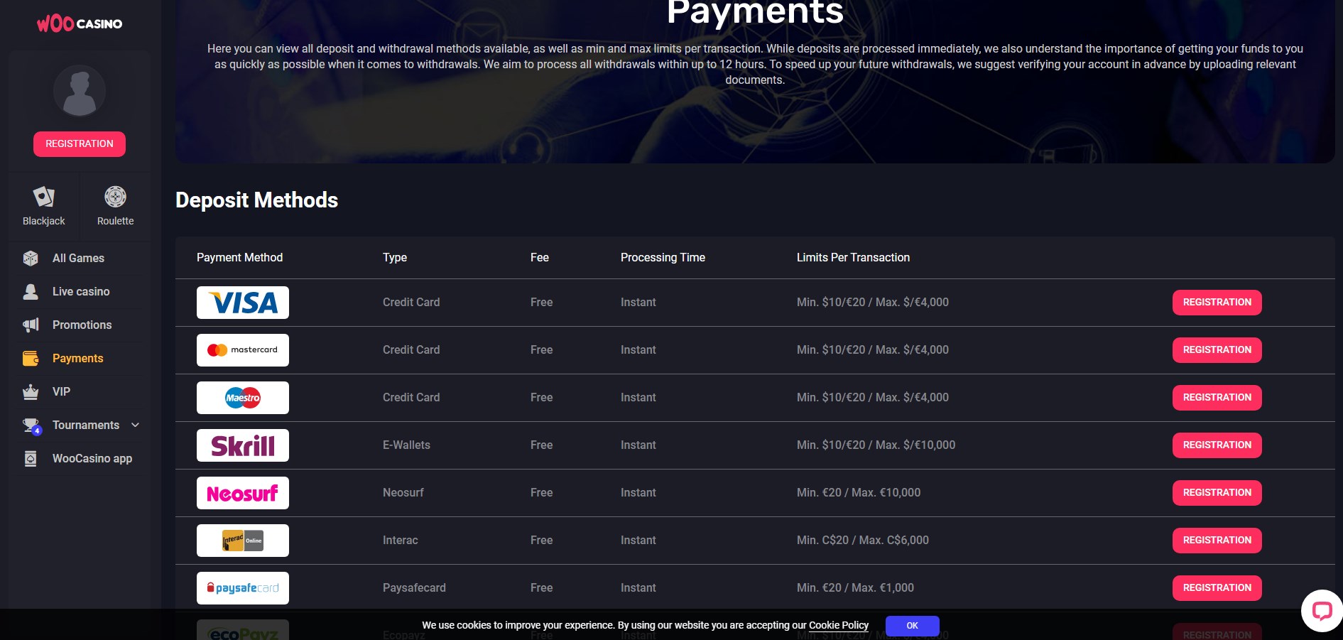 Woo Casino Payment Methods