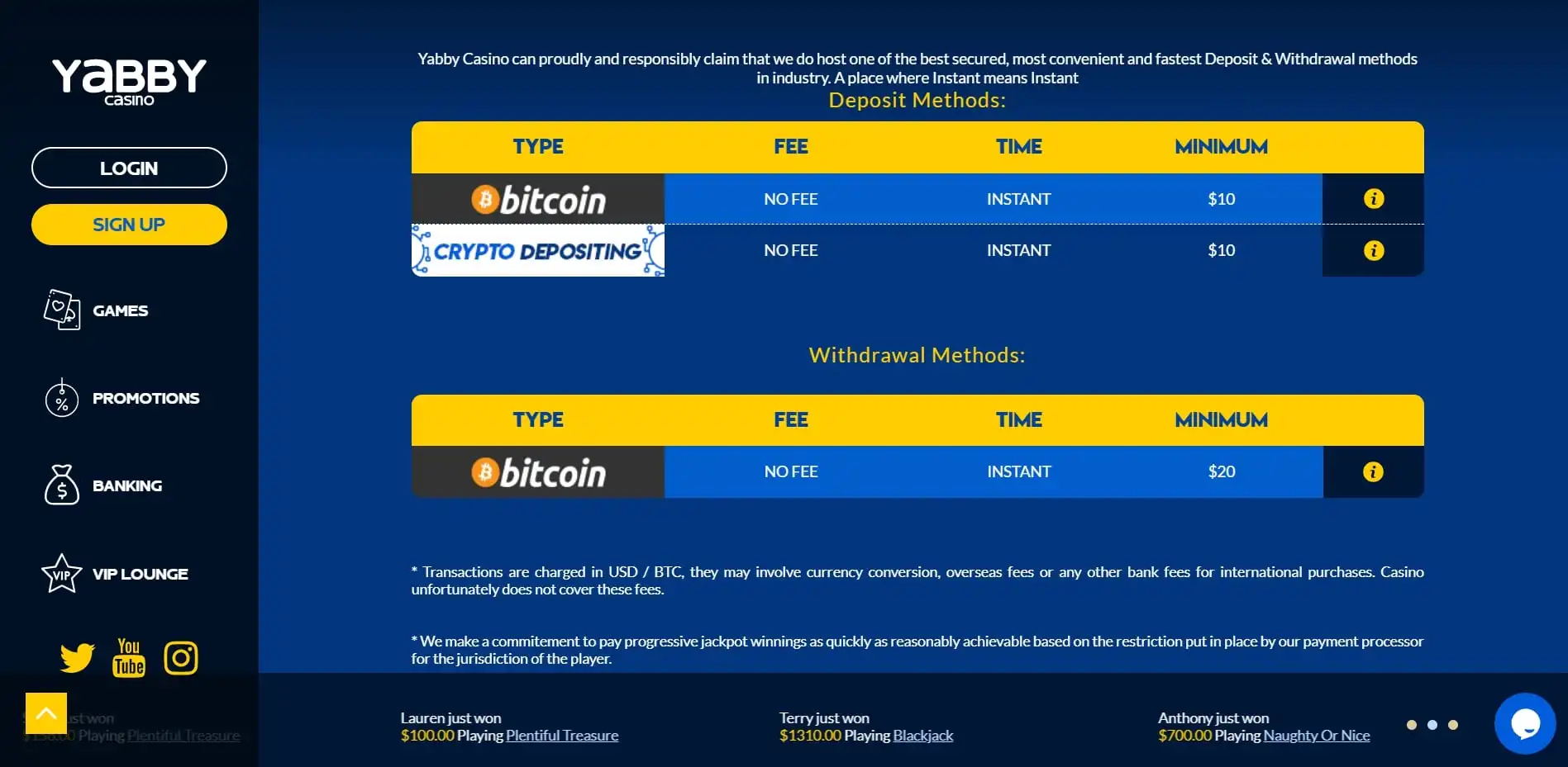 Yabby Casino Payment Methods