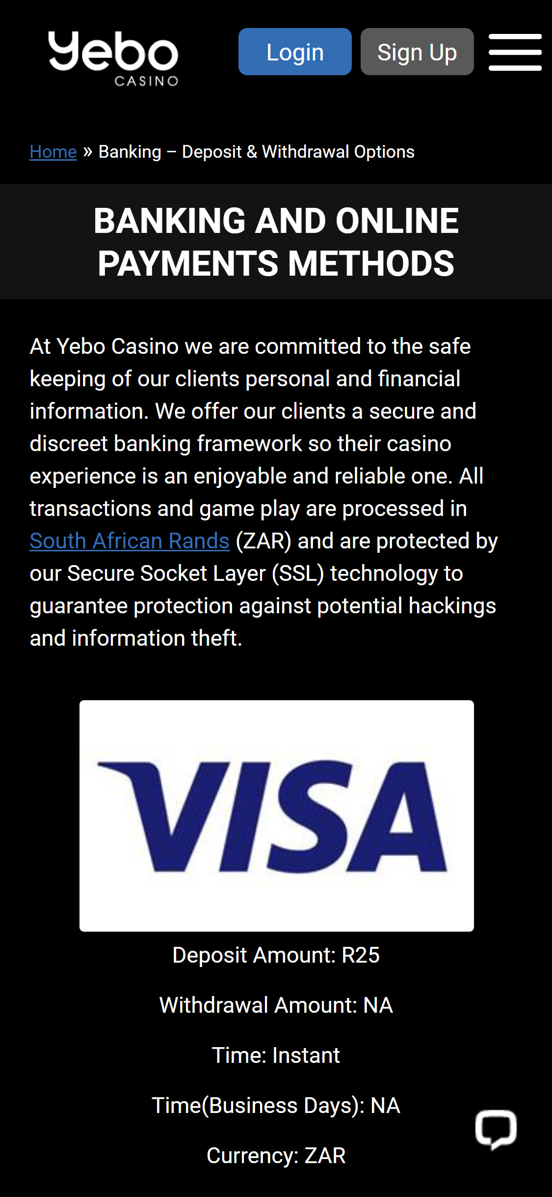 Yebo Casino Mobile Payment Methods Review